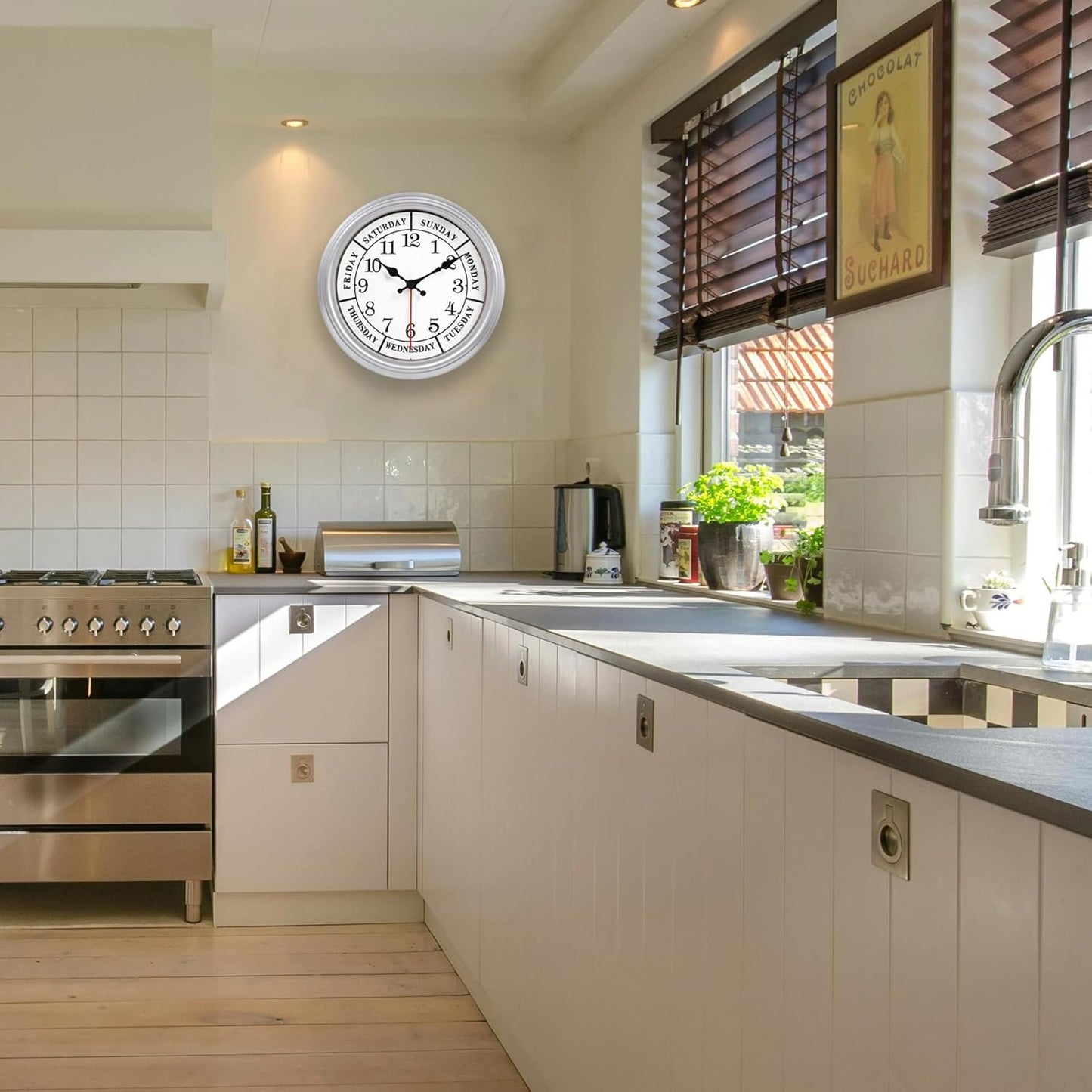 JENLYSTIME 12 Inch Retro Wall Clock,Classic Day of The Week Wall Clock,Silent Non Ticking Battery Operated Movement(Silver)