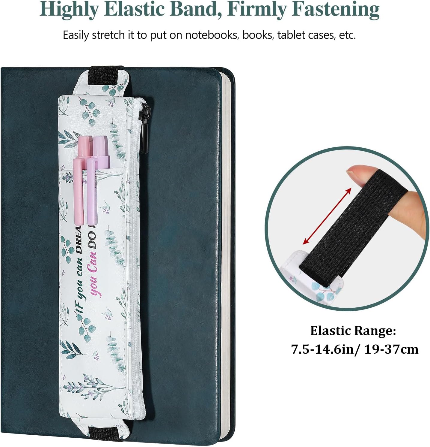 MoKo Elastic Pen Holder for Notebook, 4 Pieces PU Leather Pencil Case with Pocket Adjustable Band, Stationery School Supplies Zipper Bag for Planners, Journals, Book