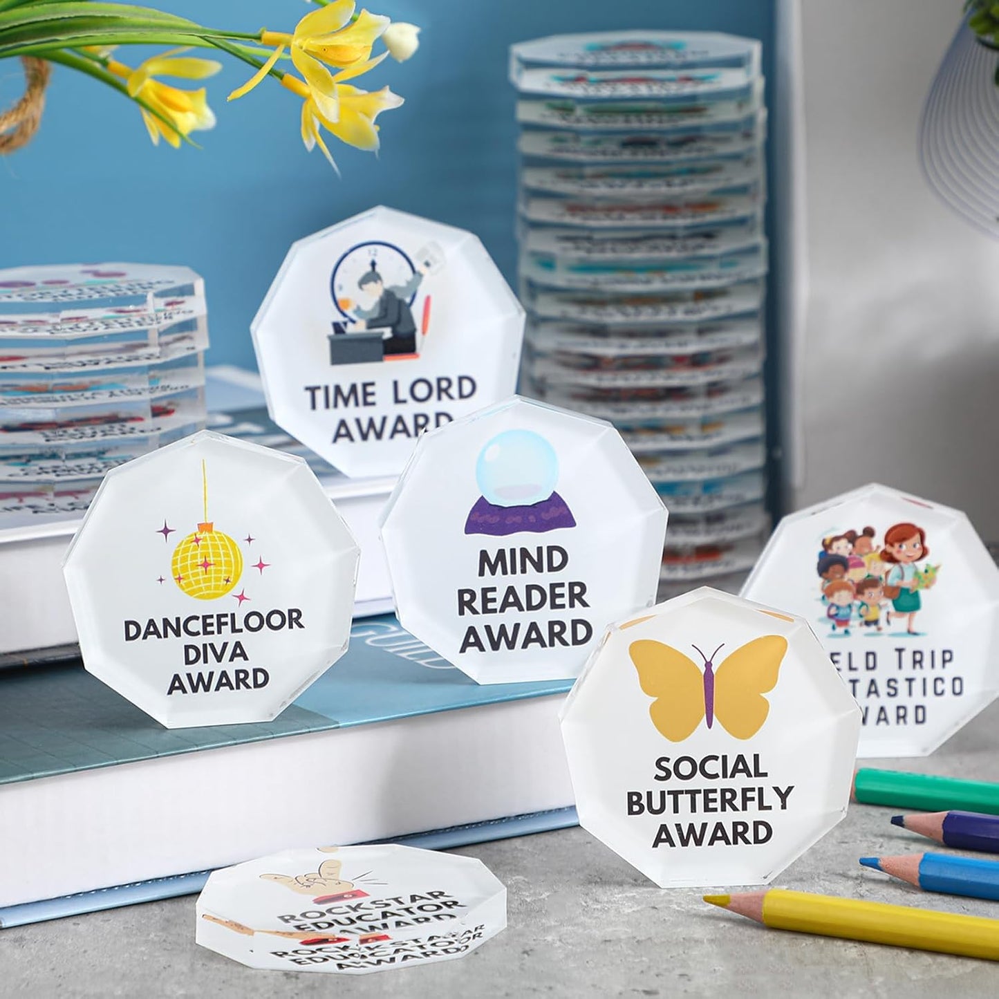 30 Pcs Funny Trophy Awards Gifts Bulk Christmas Small Clear Acrylic Team Reward Medallions for Employee Staff Appreciation Coworker Teacher Nurse Office