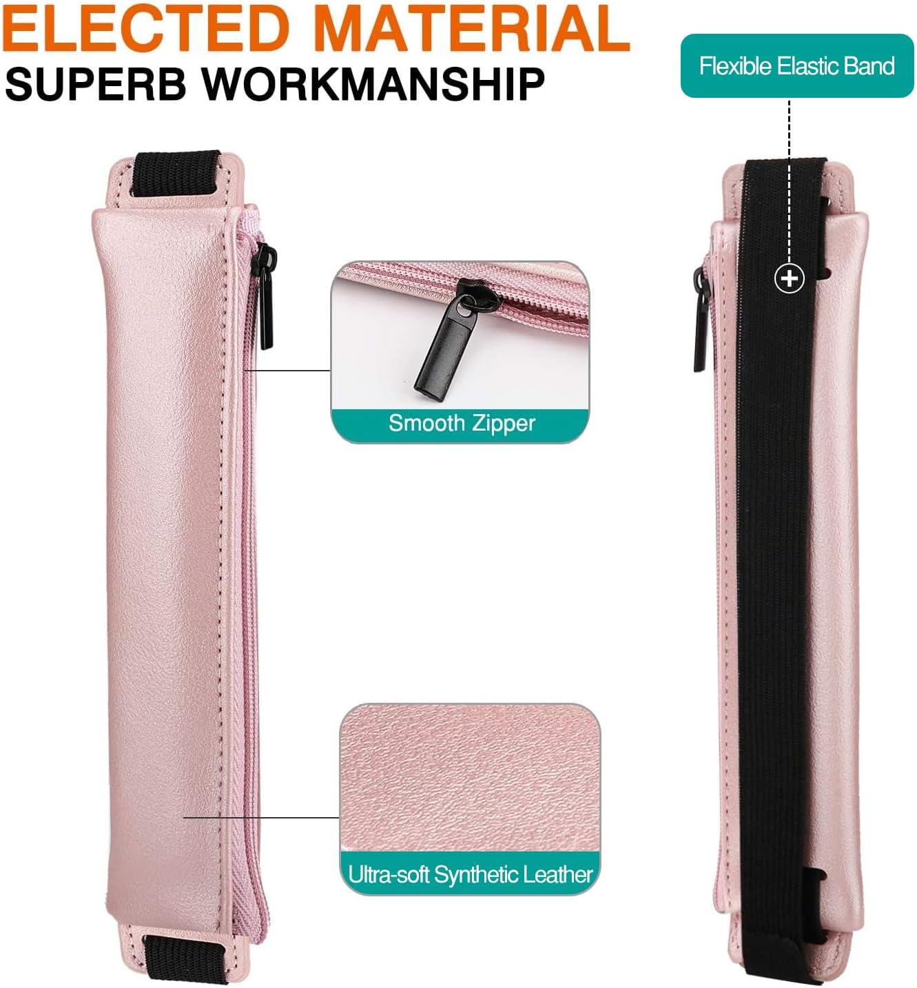 MoKo Pencil Case (2 Pack), PU Leather Pen Pencil Pouch Holder Stationery Zipper Bag with Elastic Strap for Pens, Pencils, Markers, Eraser - GoldPink & Dark Blue