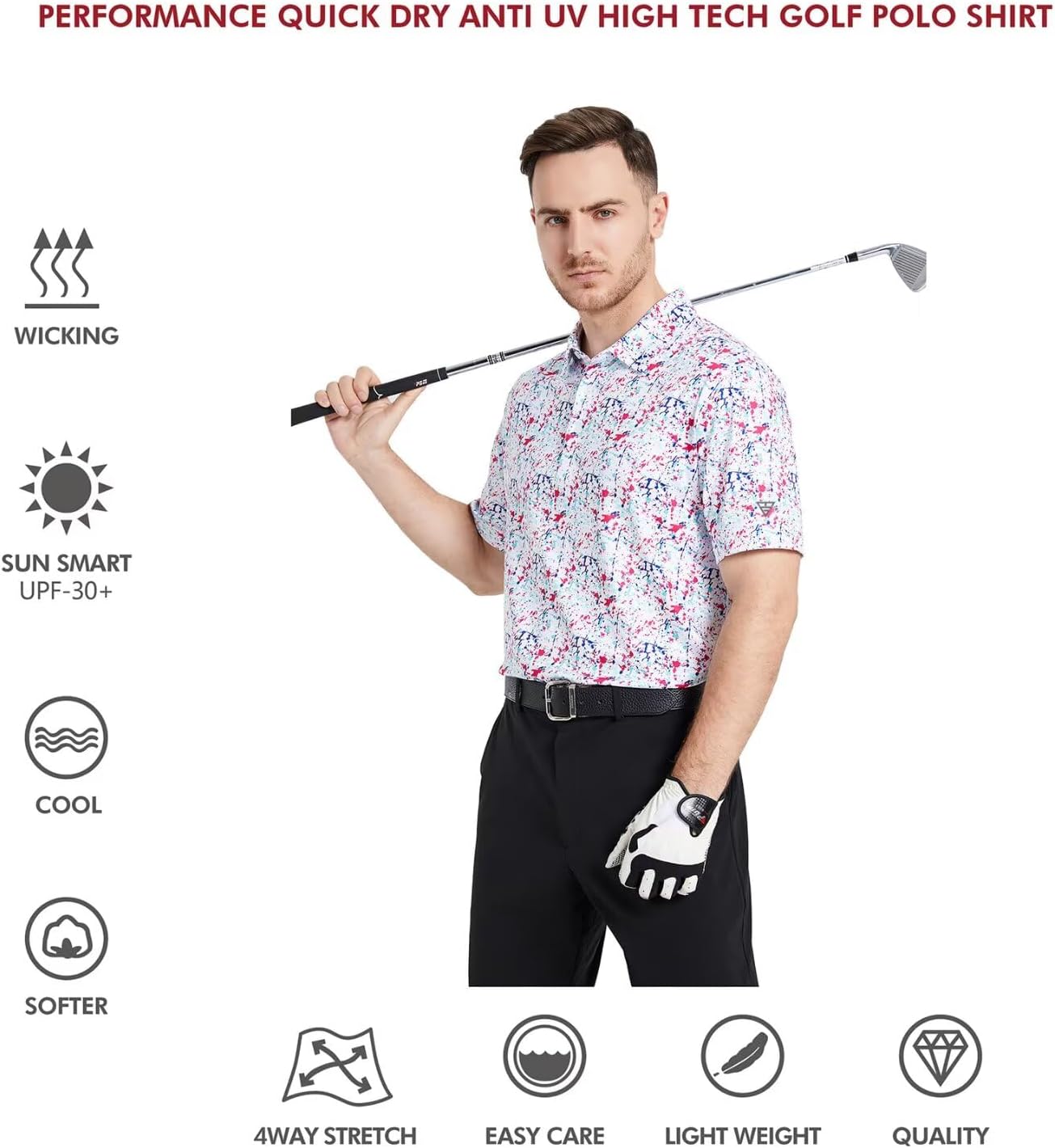 Golf Shirts for Men Dry Fit Short Sleeve Print Performance Moisture Wicking Polo Shirt