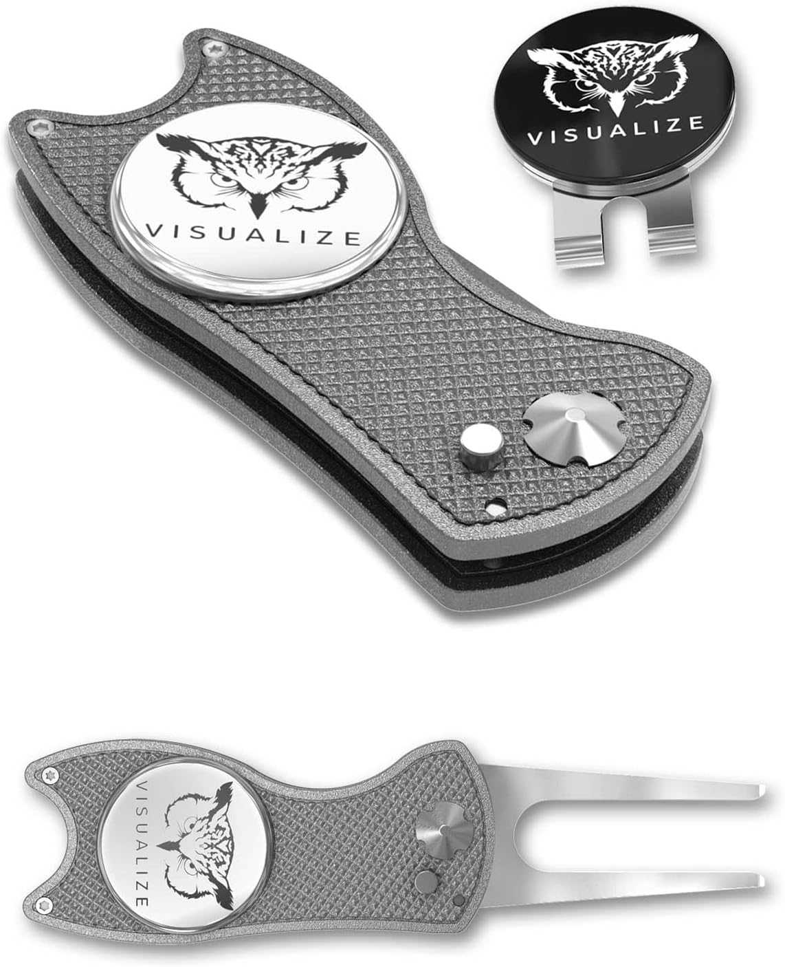 VISUALIZE Elite Switchblade Golf Divot Repair Tool Set with Ball Marker - Sturdy Anodized Aluminum - Perfect Golf Accessory Gift