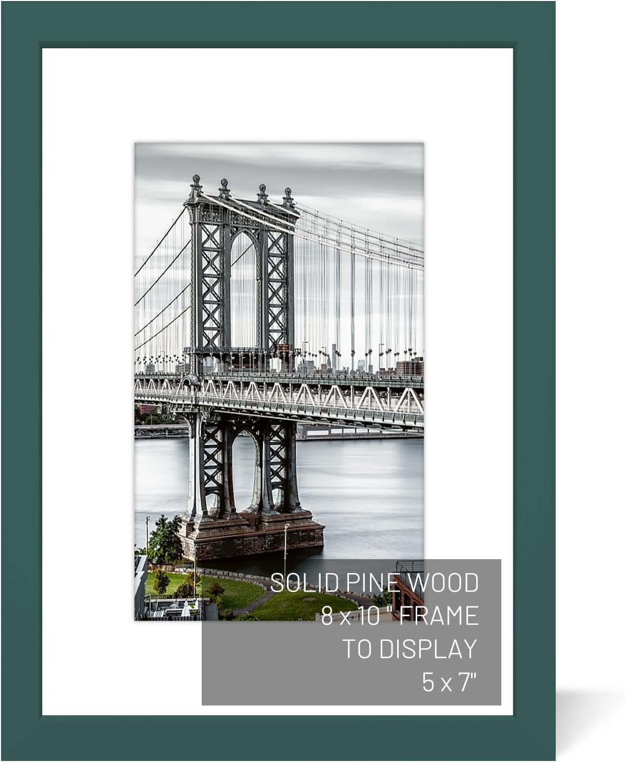 8x10 Solid Wood Picture Frames - 5x7 with Mat or 8x10 without Mat - Poster Photo Frame Art - Wall Mounting or Table Top (Dark Green)