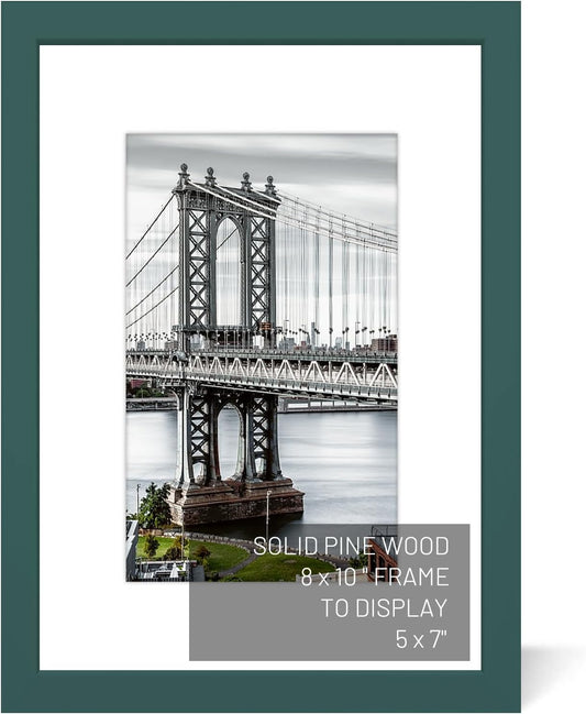 8x10 Solid Wood Picture Frames - 5x7 with Mat or 8x10 without Mat - Poster Photo Frame Art - Wall Mounting or Table Top (Dark Green)