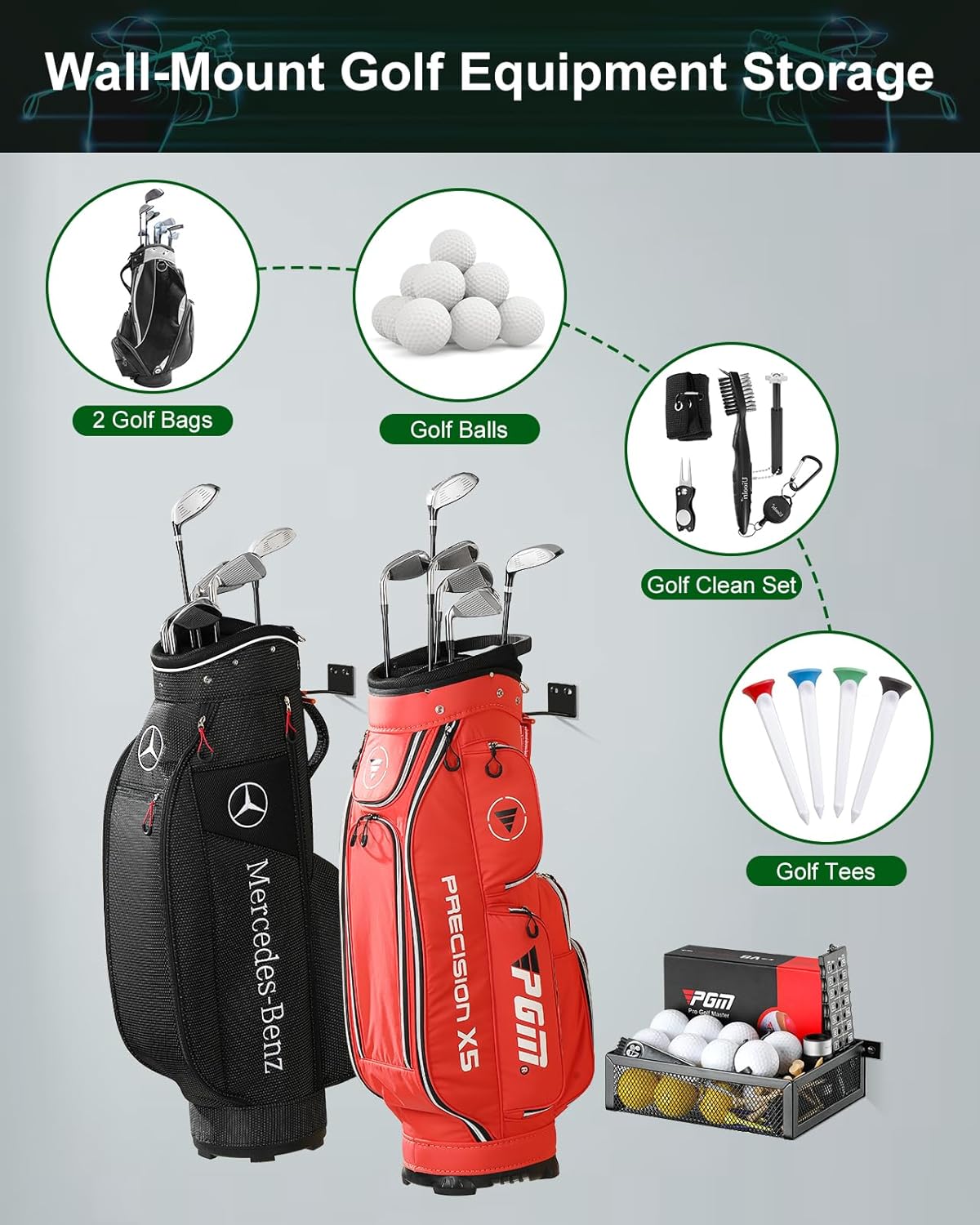 Golf Bag Wall Mount: Golf Bag Storage Rack, Golf Bag Holder for Garage, Heavy Duty Hanger Holds 2 Golf Bags