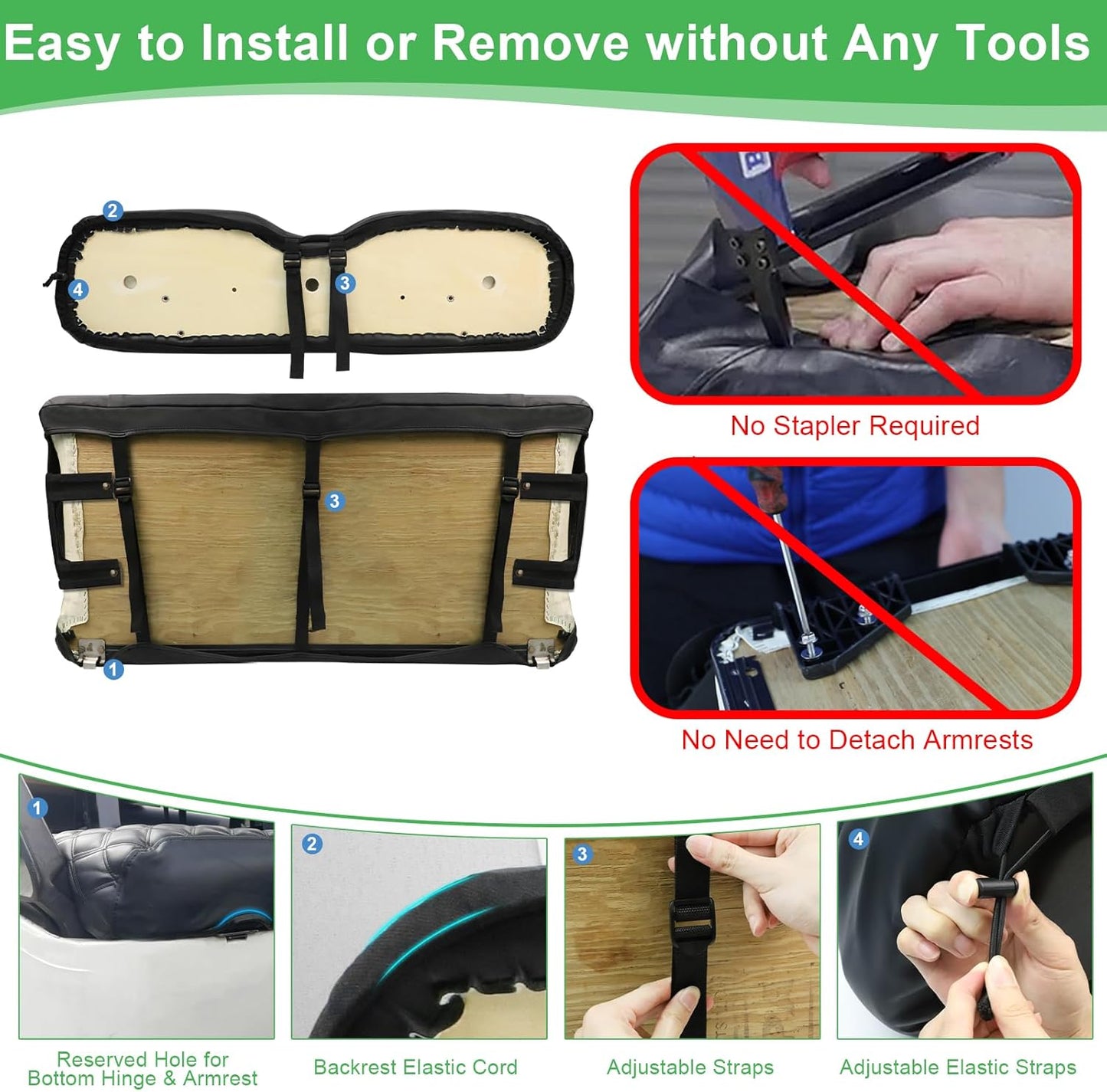 EZGO TXT Seat Cover, Golf Cart Front Seat Covers Set Fit for EZGO TXT 1994-2013 OEM Ordinary Seat Cushion, Thick Vinyl Leather Comfortable/Breathable, No Need Any Tools or Detaching Armrests