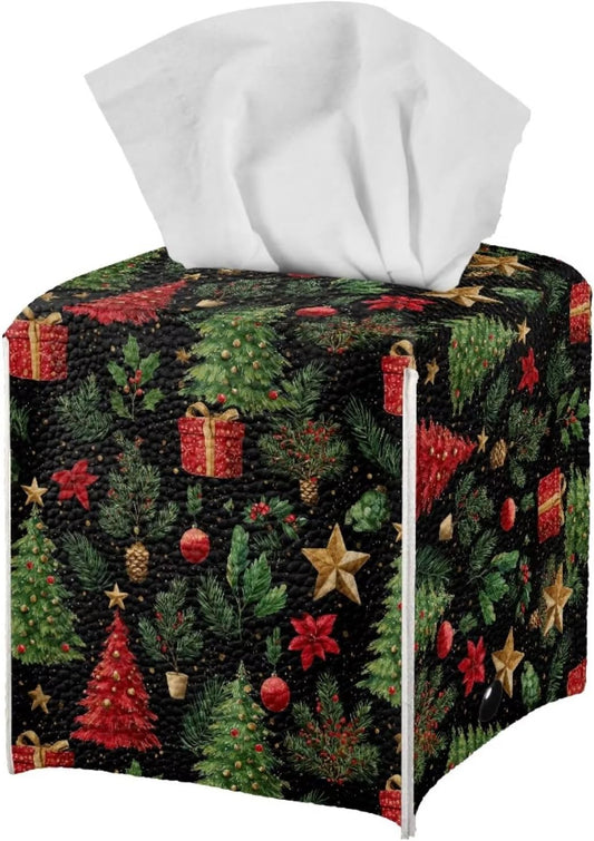Christmas Tissue Box Cover Leather Tissue Box Holder 5x5x5 inch Modern Home Decor Holiday Theme Facial Paper Organizer Holder for Office Bedroom Car