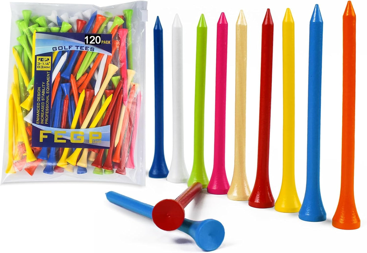 Golf Tees Professional Durable Natrual Wooden Golf Tees 3-1/4" -Pack of 120 Bulk, Multiple Colors Mix of Colours,Biodegradable Wood Golf Tees,Reduce Friction Side Spin More Stable 3-1/4 inch