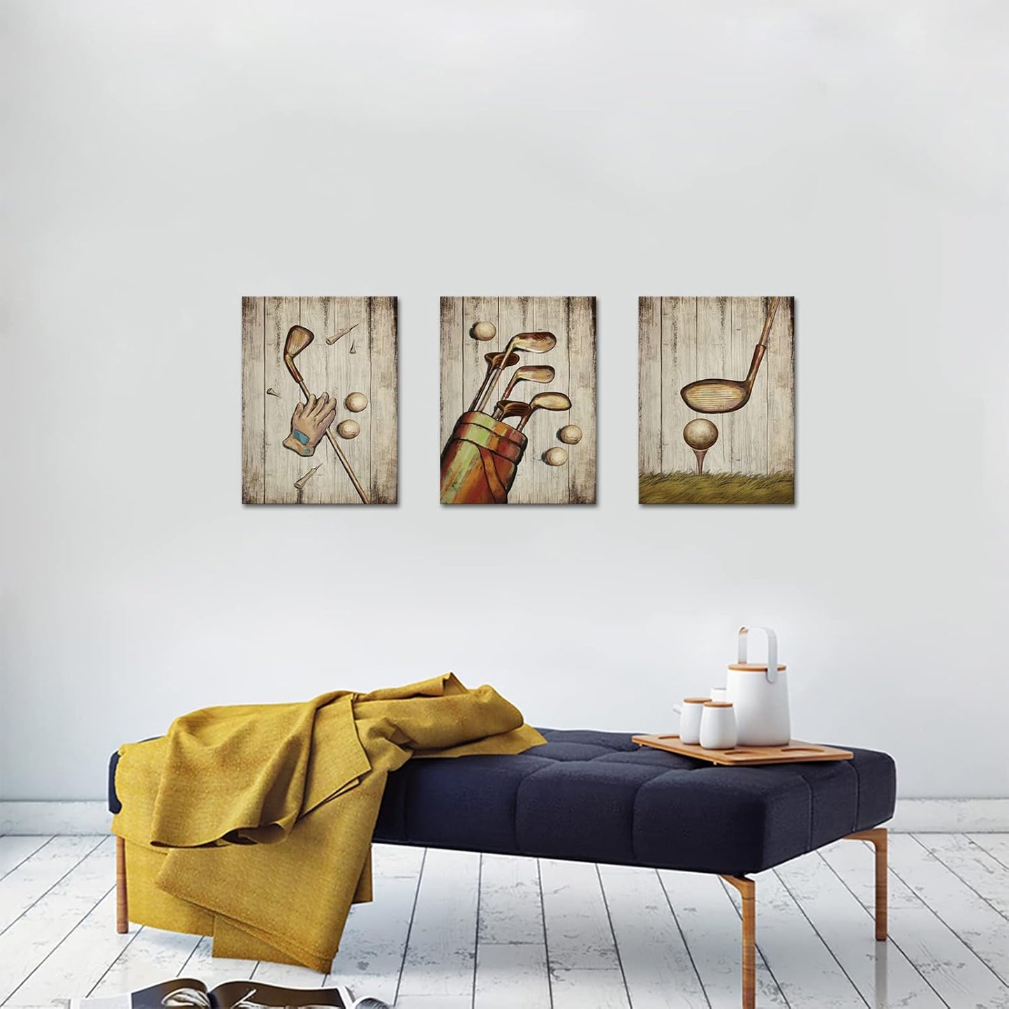 SkenoArt 3 Piece Sport Wall Art Vintage Golf Balls Painting Picture Prints Brown Poster Canvas Artwork Home Gym Office Man Bedroom Decoration Ready to Hang Gifts for Golf Lovers