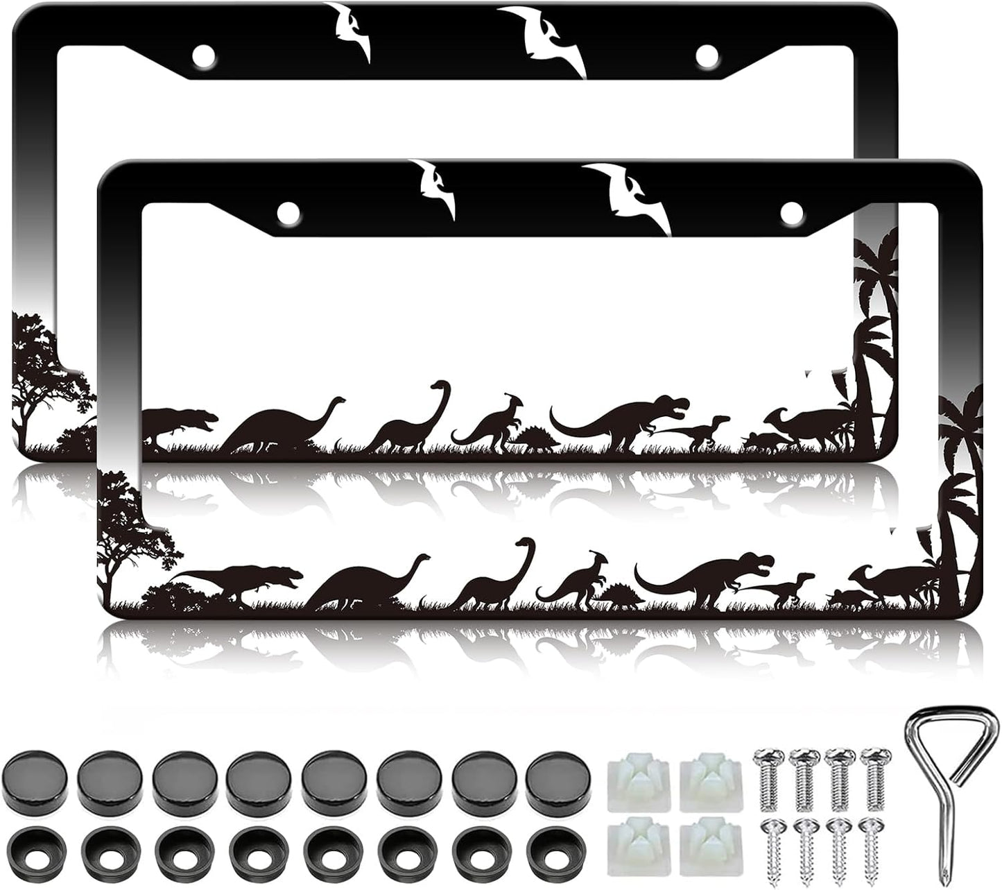 Dinosaurs Silhouette License Plate Frames - 2 Pack Personalise License Plates Holder Covers, Aluminum Metal Rust-Proof Waterproof Car Tag Frame with Screws Fasteners Caps