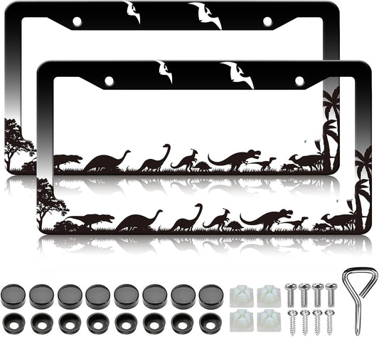 Dinosaurs Silhouette License Plate Frames - 2 Pack Personalise License Plates Holder Covers, Aluminum Metal Rust-Proof Waterproof Car Tag Frame with Screws Fasteners Caps