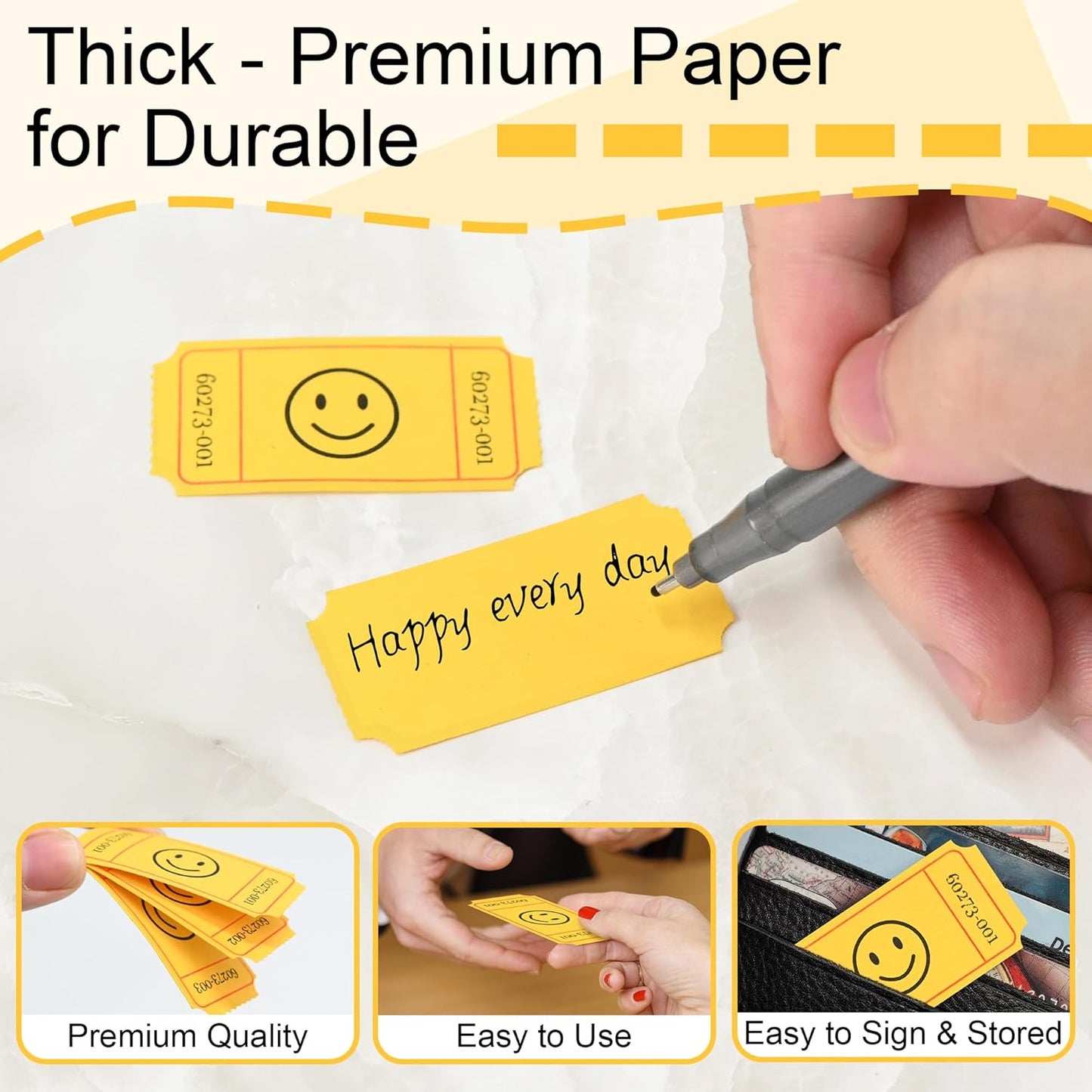 L LIKED 500 Raffle Tickets, Smile, Yellow (6 Color Selection), Single Roll, Ticket for Events, Entry, Class Reward, Raffle & Prizes