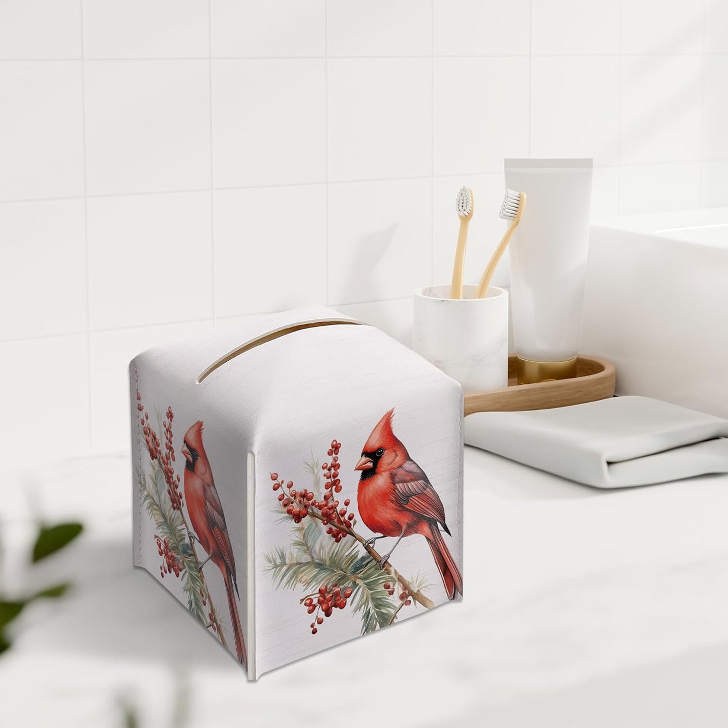 Christmas Tissue Box Holder, Christmas Cardinal Leather Tissue Box Cover Square, Red Feathers Paper Facial Decorative Tissues Cover for Night Stands Bathroom Office Home Decor-B10