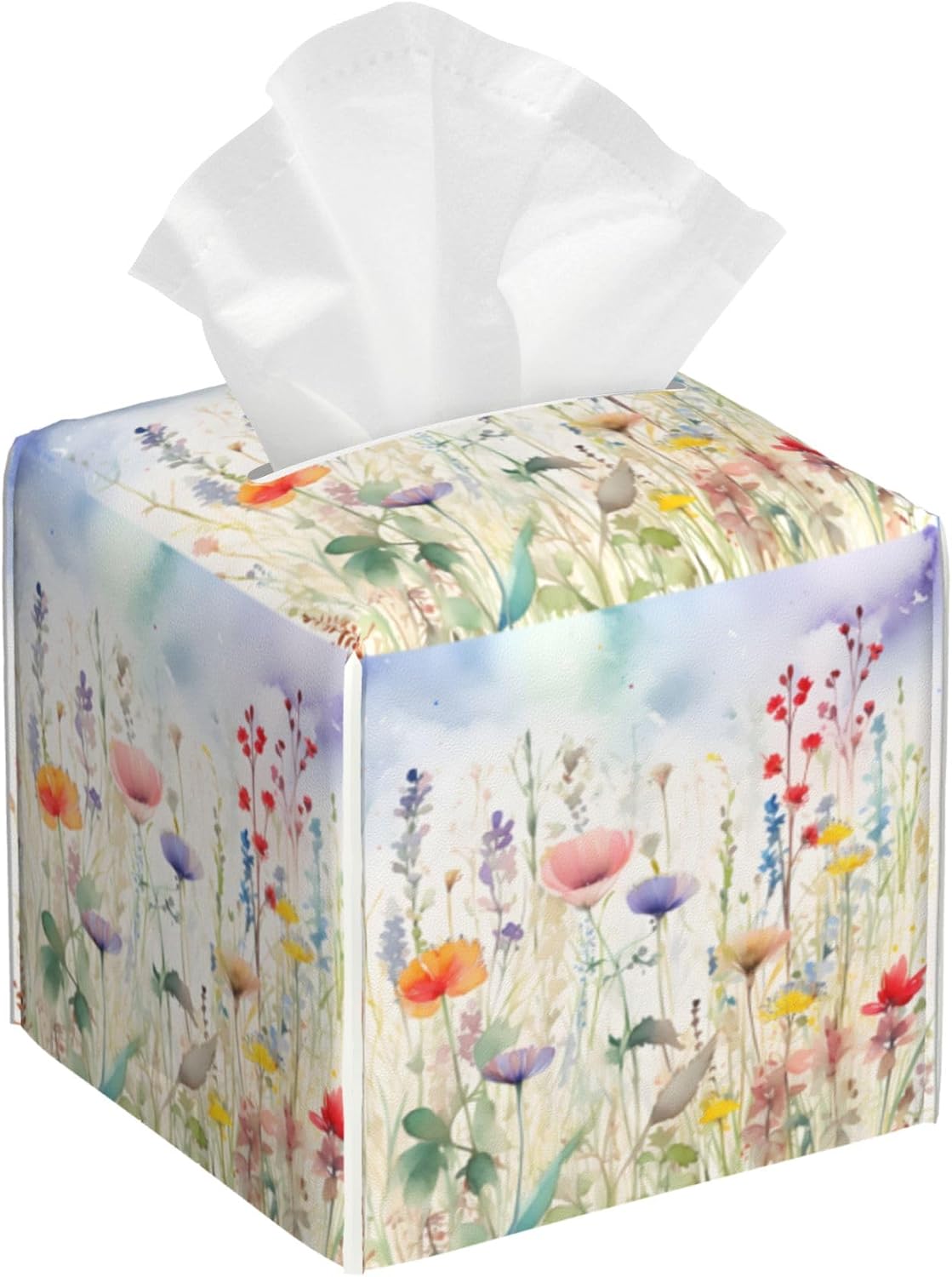 Watercolor Flower Tissue Box Cover Square,Colorful Flowers Tissue Box Holder Waterproof Leather Facial Paper Organizer Dispenser for Bathroom Home Car Nightstand Vanity Desk