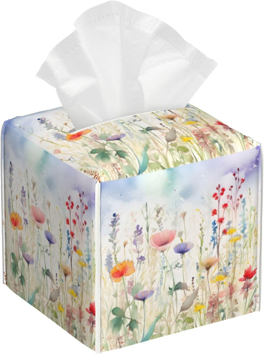 Watercolor Flower Tissue Box Cover Square,Colorful Flowers Tissue Box Holder Waterproof Leather Facial Paper Organizer Dispenser for Bathroom Home Car Nightstand Vanity Desk
