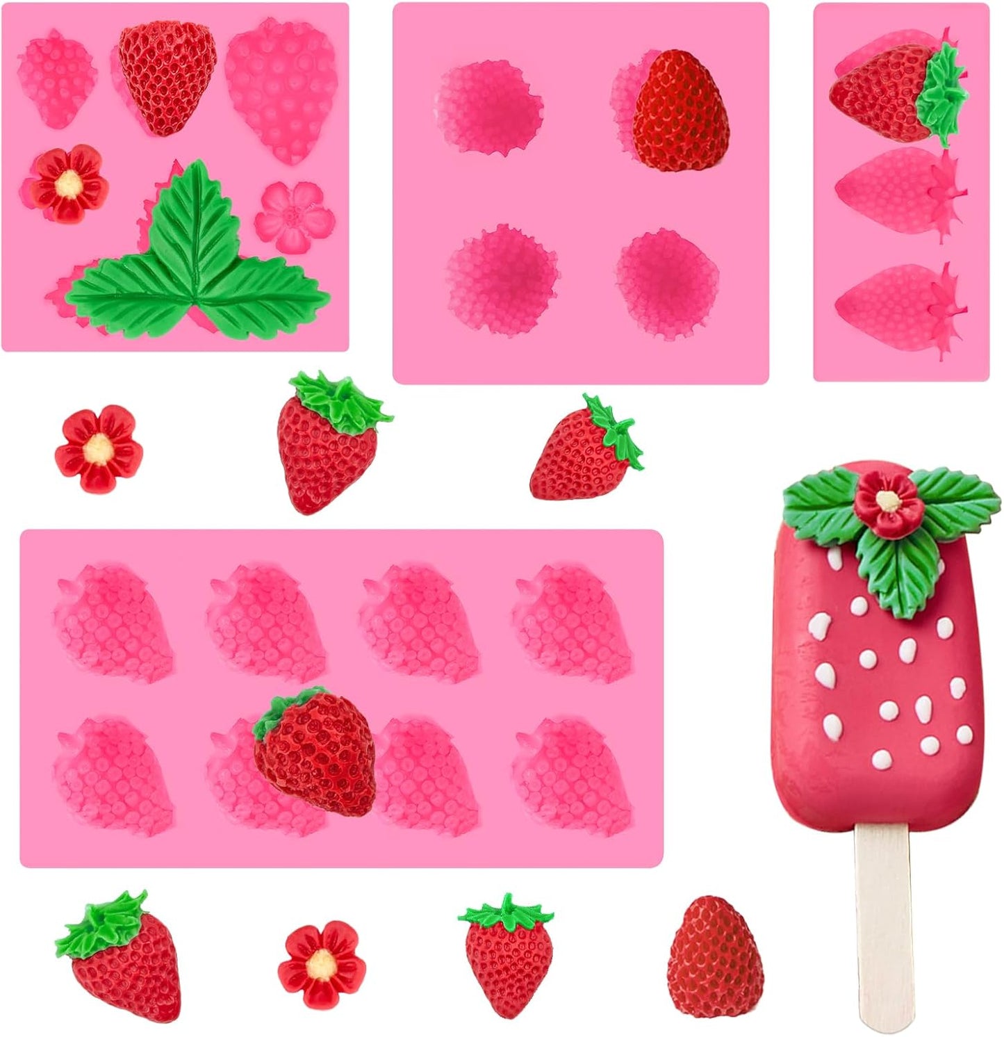 4 Pcs Strawberry Silicone Fondant Molds for Chocolate, 3D Fruit Shaped Molds for Shortcake Cupcake Decoration, Candles, Clay, Wax Making