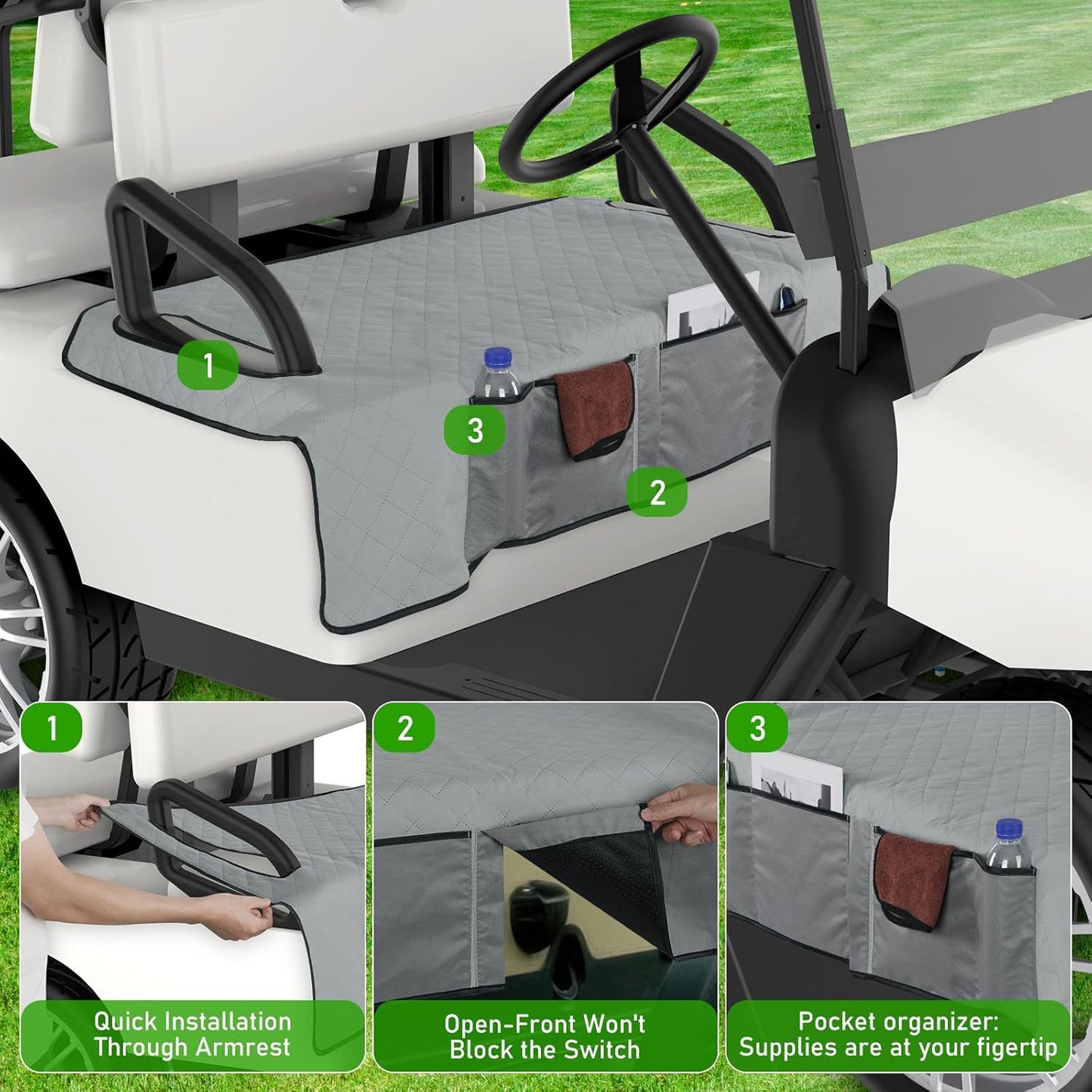 Kaskawise Golf Cart Seat Covers,Universal Golf Cart Seat Towel Blanket with 4 Front Pockets & Nonskid Bottom Fits for EZGO, Yamaha, Club Car DS Precedent and More 2 Person Seats Golf Carts (Grey)