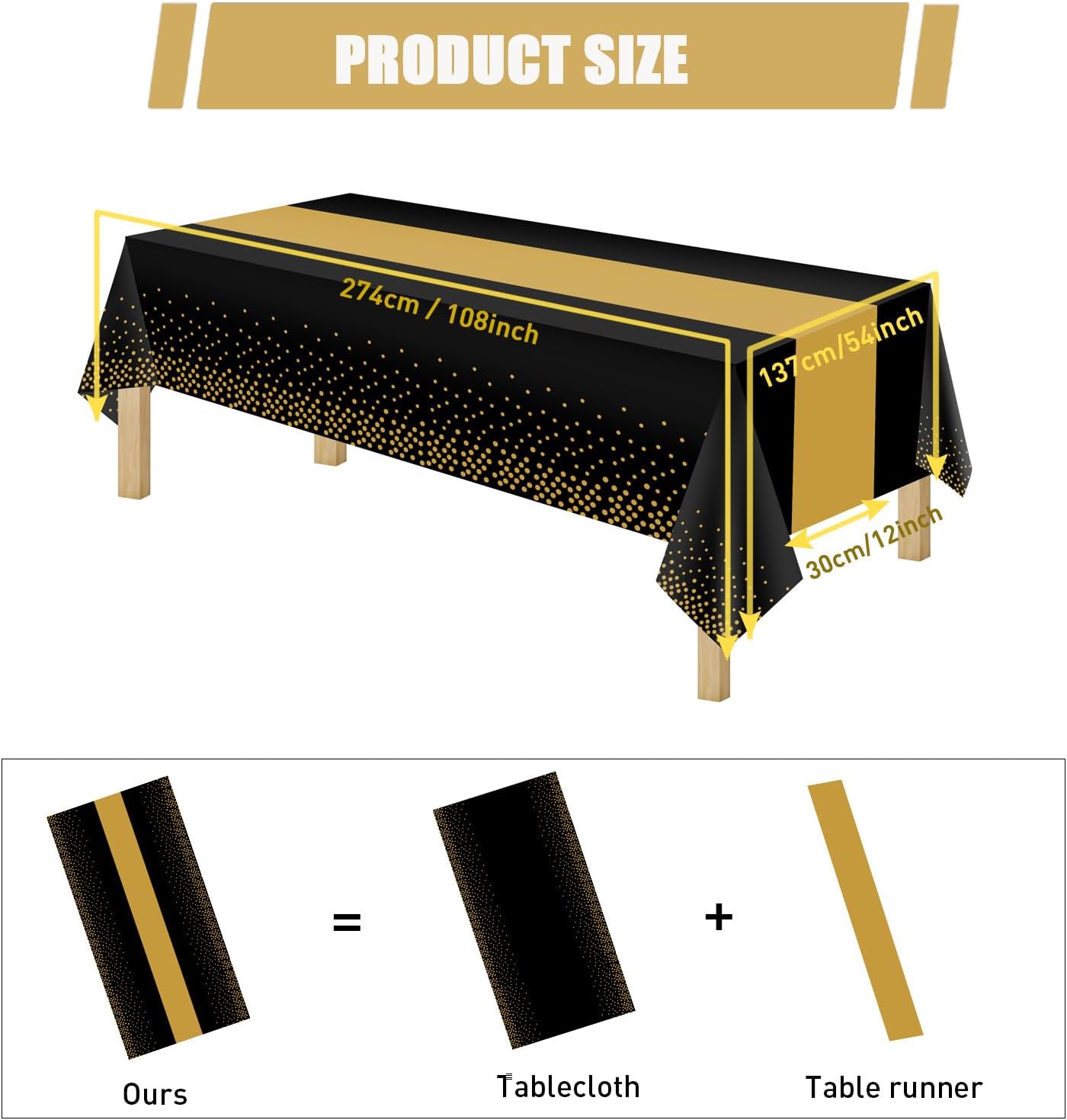 8 Pack 2in1 Disposable Plastic Tablecloths 54" x 108" Back and Gold Dot Party Table Cloth Rectangle Table Cover for Wedding Birthday Baby Shower Anniversary Christmas New Year Party Decorations