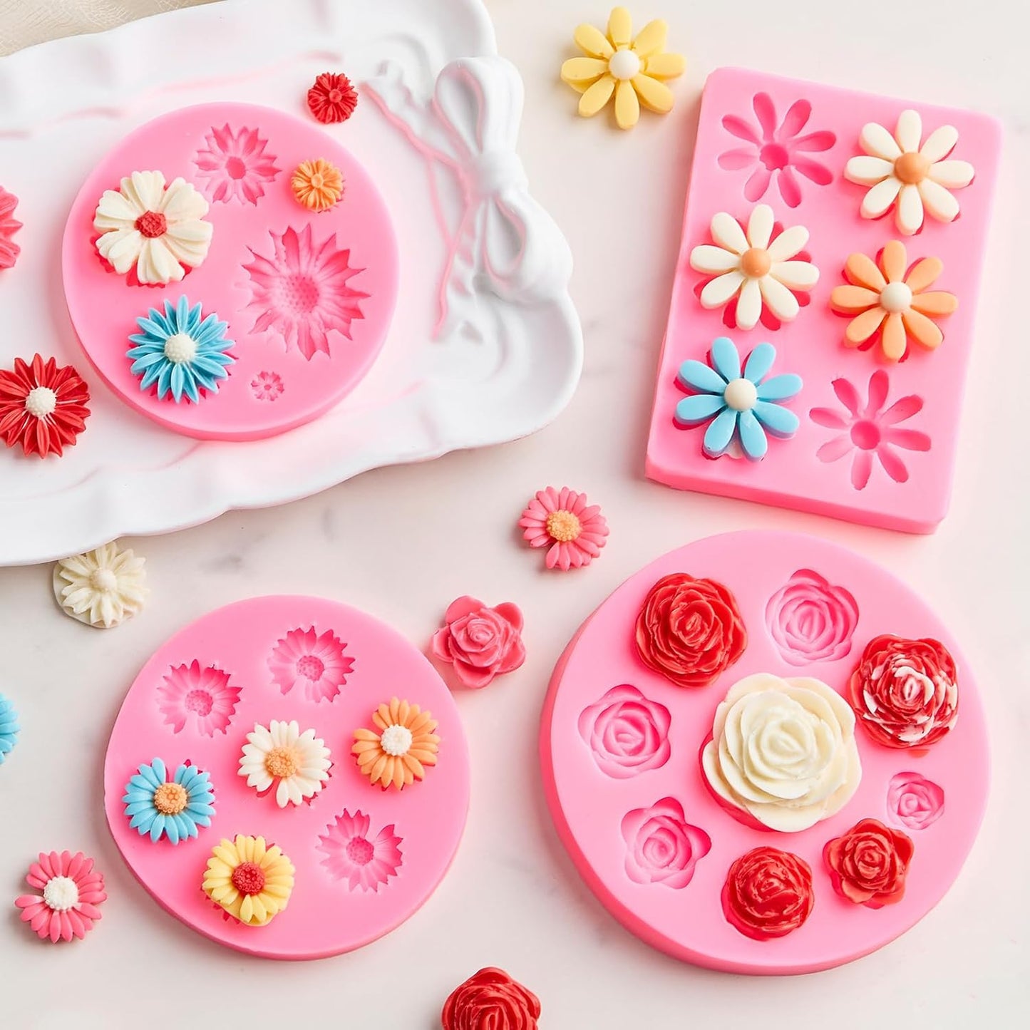4 Pcs Flower Silicone Fondant Molds, Daisy Rose Flower Chocolate Candy Molds for Cupcake Topper, Cake Pop Decoration and Clay Craft Making