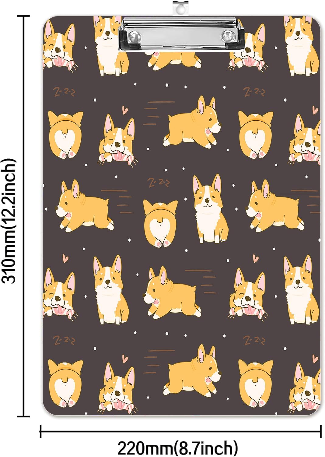 Fashion A4 Clipboard, Standard Letter Size 9" x 12.5", Decorative Wooden Clipboard with Low Profile Metal Clip for Office, School, Teachers, and Students, Kawaii Corgi Dogs