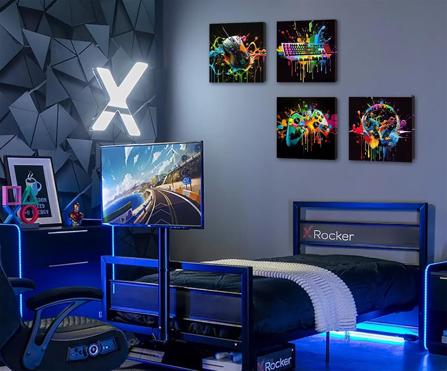 Gamer Room Decor for Boys - Game Wall Art Graffiti Gamepad Earphone Canvas Print Pictures Cool Video Gaming Poster Street Pop Men Cave Teen Bedroom Dorm Playroom Home Artwork Framed 12"X12"X4 Panels