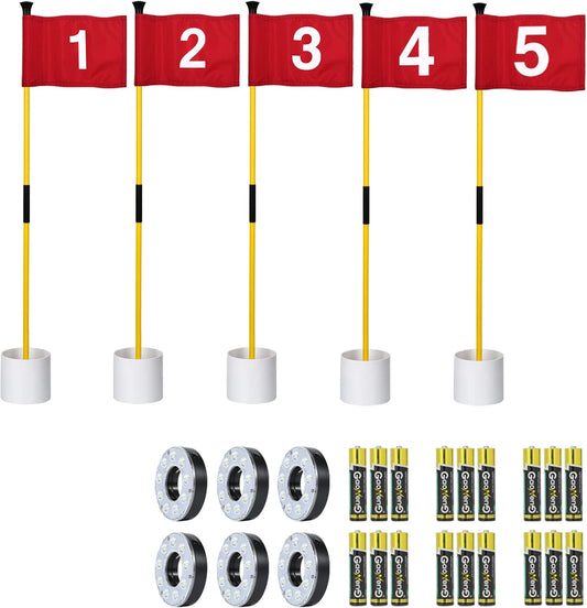 KINGTOP Mini Golf Flagstick with LED Hole Light, Practice Putting Green Flags for Yard, Golf Pin Flag Hole Cup Set, Light Up Night Golf Party