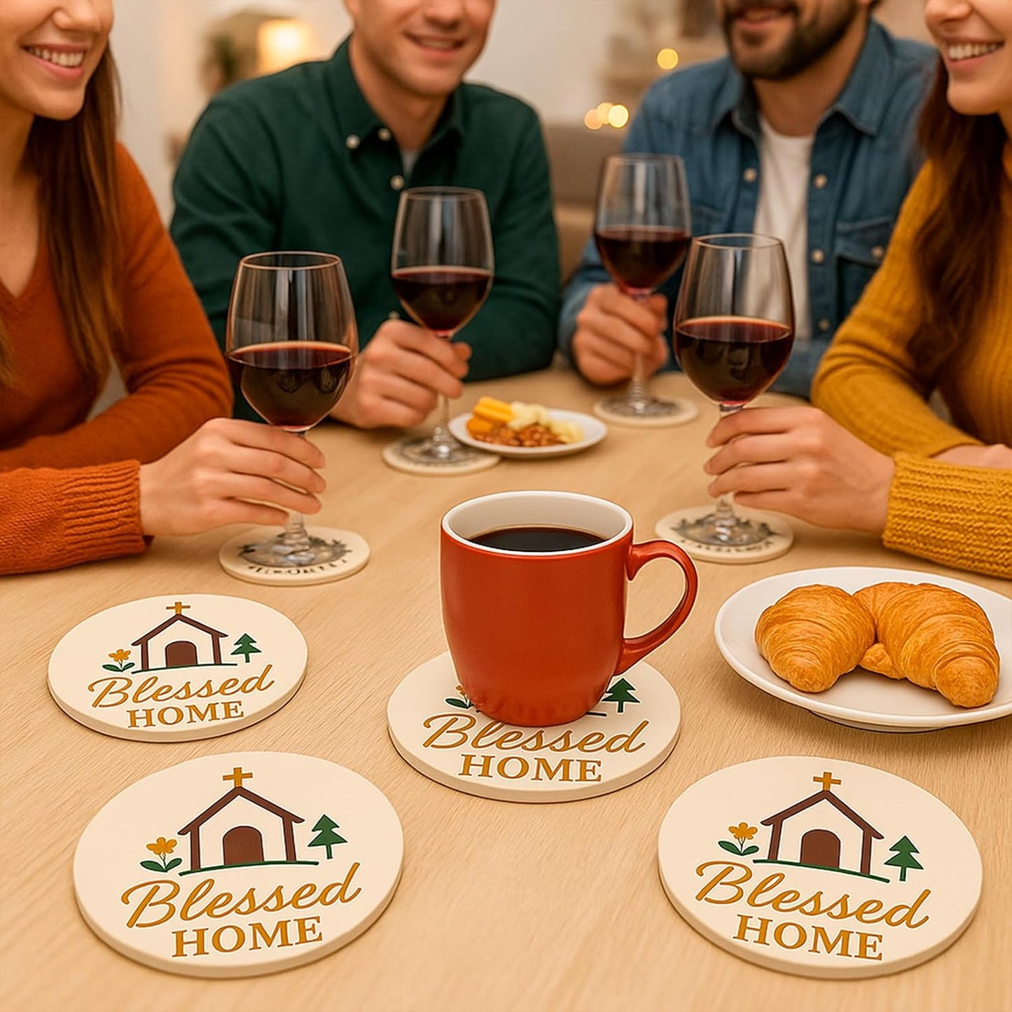 Blessed Home Christian Absorbent Ceramic Coasters Set of 4 with Non-Slip Cork Backing, Religious Faith Stone Drink Coasters for Coffee Table, Kitchen, Dining Room, Housewarming, Church Decor