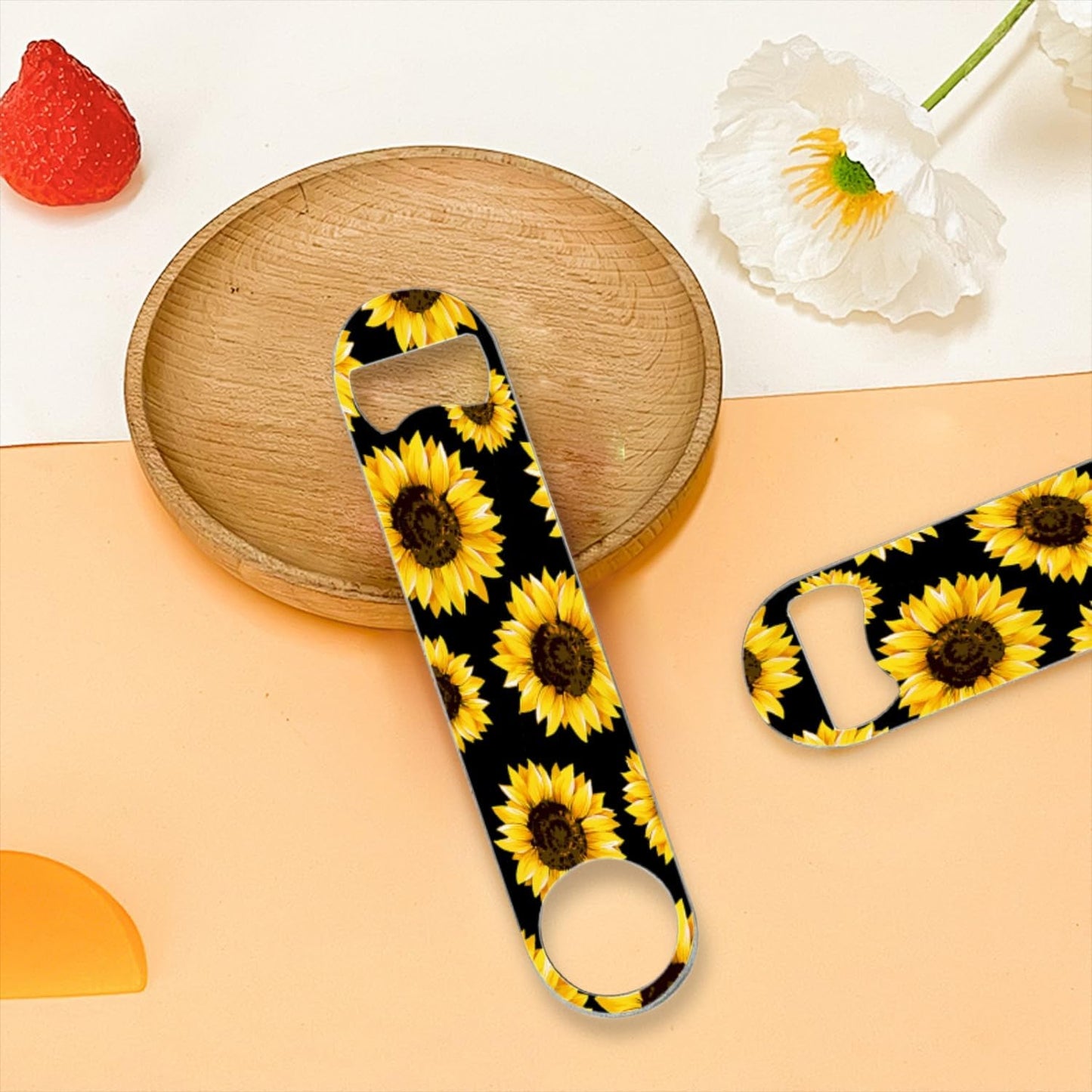 2 PACK Beer Bottle Opener, Stainless Steel Flat Bottle Openers,7 inch Metal Decor,Sunflowers On Black Background