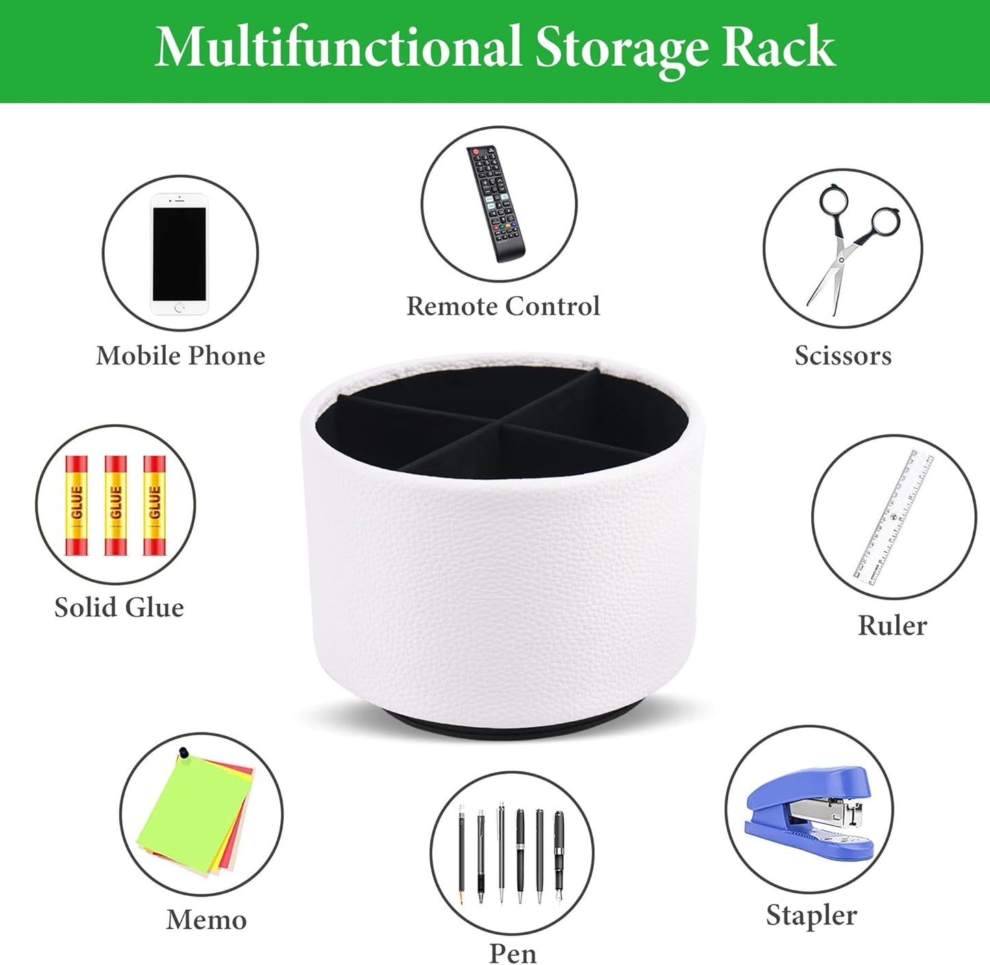 Hennaja Round Leather Art Supply Organizer,Remote Control Holder,360 Degree Spinning,Multi-Functional Pencil Holder,4 Compartments Desktop Stationary Organizer(1-Lichee White)