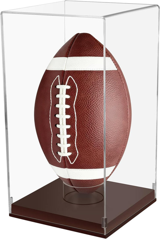 Football Display Case with Wooden Base, UV Protection Clear Acrylic Souvenir Display Box for Autographed Football, Memorabilia, Sports Collectibles, Vertical Brown