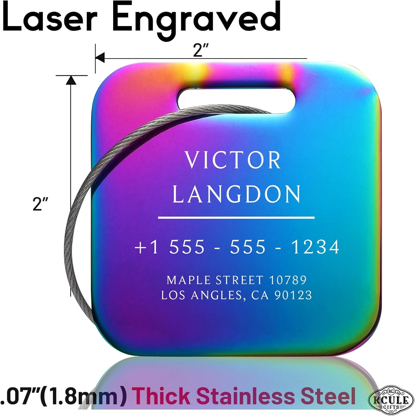 Stainless Luggage Tags for Suitcases: Metal Personalized Luggage Tags and Bags with Customizable Texts (Rainbow)