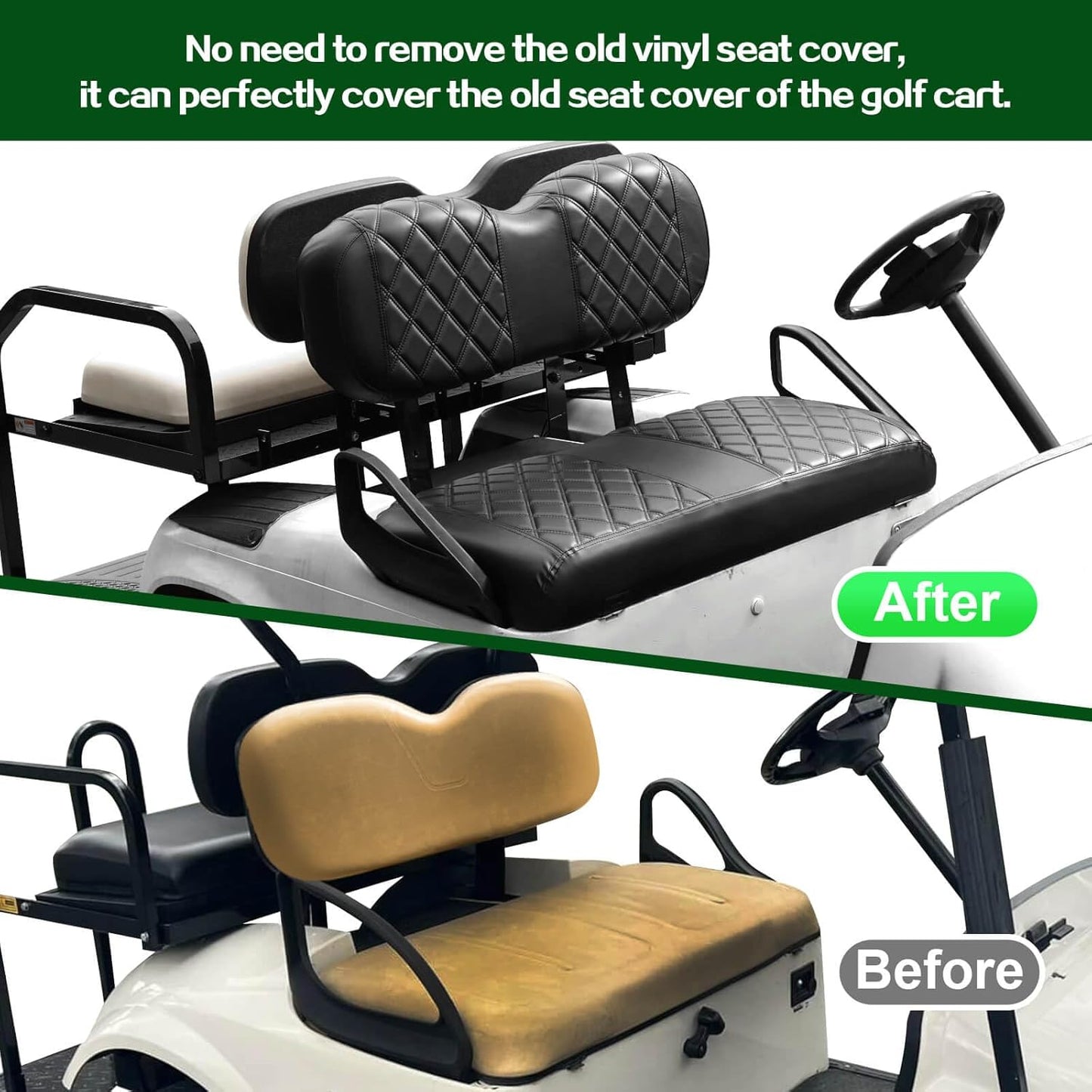 NOKINS Golf Cart ET Diamond Seat Cover for EZGO Freedom TXT/T48 2014+ Golf Carts, No Stapler Required, Golf Cart Vinyl Replacement Seat Cover Black Stitching