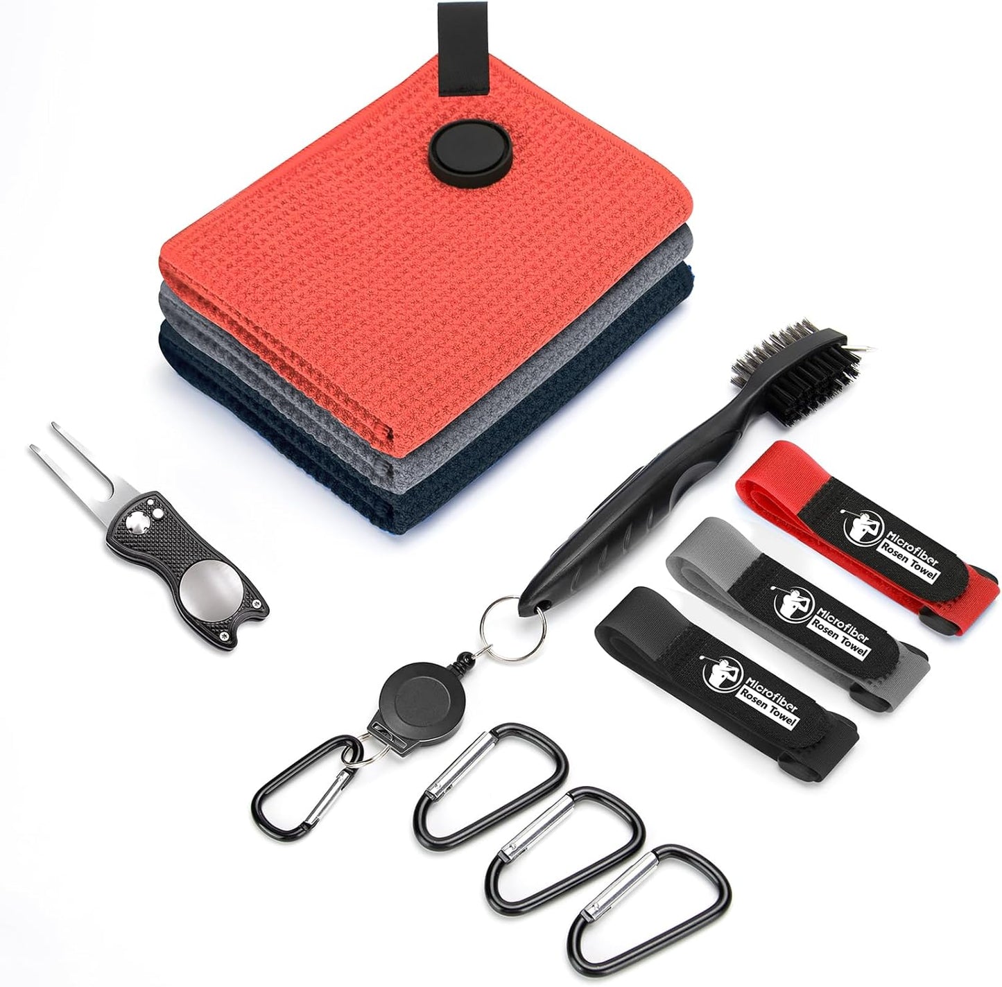 Golf Towel, 3 PCS Magnetic Golf Towels with Brush and Divot Tool, Microfiber Waffle Pattern with Clip for Men, Industrial Strength Magnet for Strong Hold to Golf Bags, Carts or Clubs (Black Gray Red)