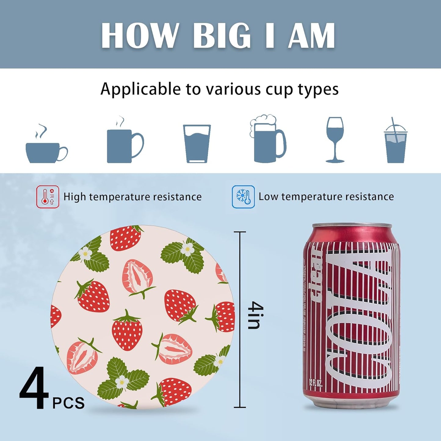 Coasters for Drinks,Strawberry Fruit Strawberries Pink Absorbent Coaster Set of 4 with Cork Base,Ceramic Drink Coasters for Cold Drinks Wine Glasses Cups Mugs,Housewarming Gifts for Home Decor