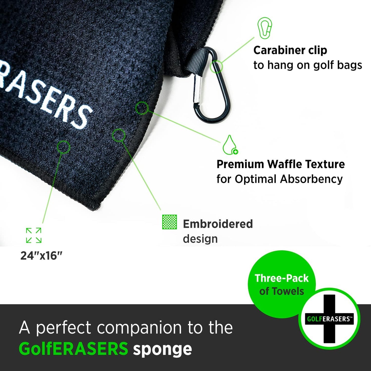 Premium Microfiber Golf Towel with Clip for Golf Bag, 3 Pack, Waffle-Knit Pattern, Helps Keep Golfers’ Hands Dry While Playing, Pairs Perfectly Sponges, 24"x16"