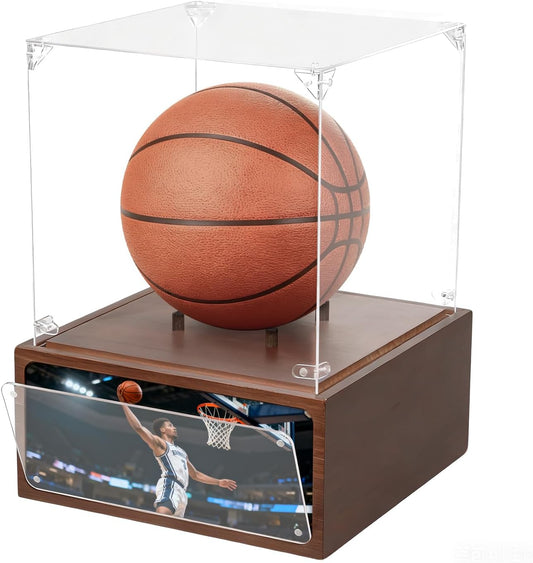 Basketball Display Case Holder for Basketball with Solid Wood Base, Uv Protected Acrylic Clear Volleyball Soccer Display Stand Box for Autographed Standard Memorabilia Keepsake