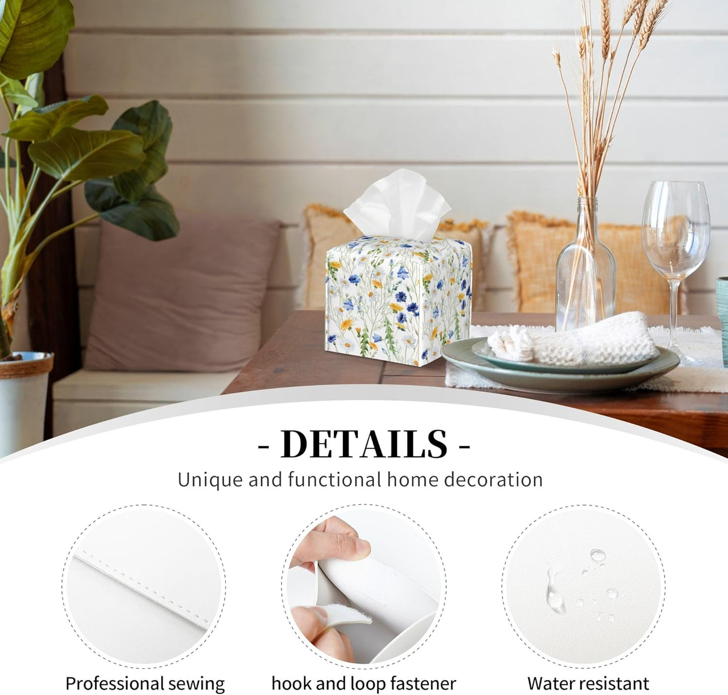 Tissue Box Cover Square, Watercolor Dandelion Cornflower Flower Leather Tissue Box Holder Decorative Organizer for Bathroom, Home Office Car Decor