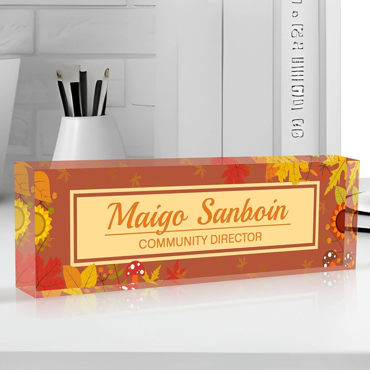 Personalized Name Plate for Desk Custom Acrylic Desk Name Plate Custom Employee Appreciation Gifts Office Gifts for Women, Men, Boss, Coworkers, Teacher, Nurse (Autumn)