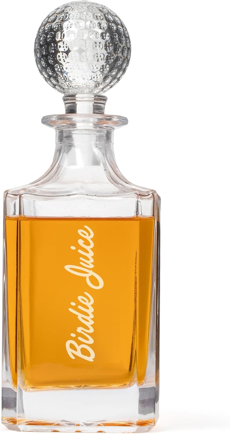 Golf Ball Whiskey Glass and Decanter Set with Crystal Whiskey Glasses, Decanter Set, Golf Ball Whiskey Chillers, Tongs, Storage Pouch, Birdie Juice Flask, and Elegant Black Storage Box