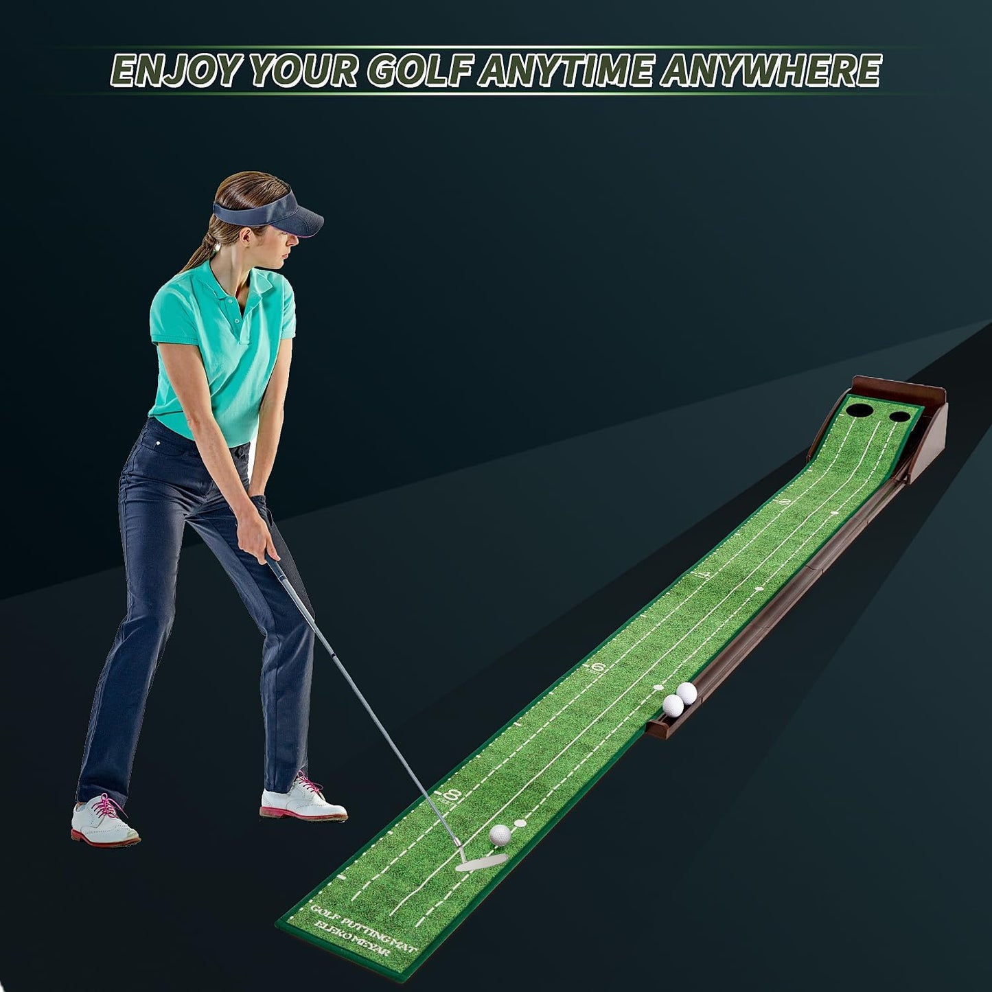 Putting Green Portable Indoor Putting mat，Includes Putting Practice Ball, Wrinkle-Free Mat, and Solid Wood Construction,Office, Living Room, Golf Gift