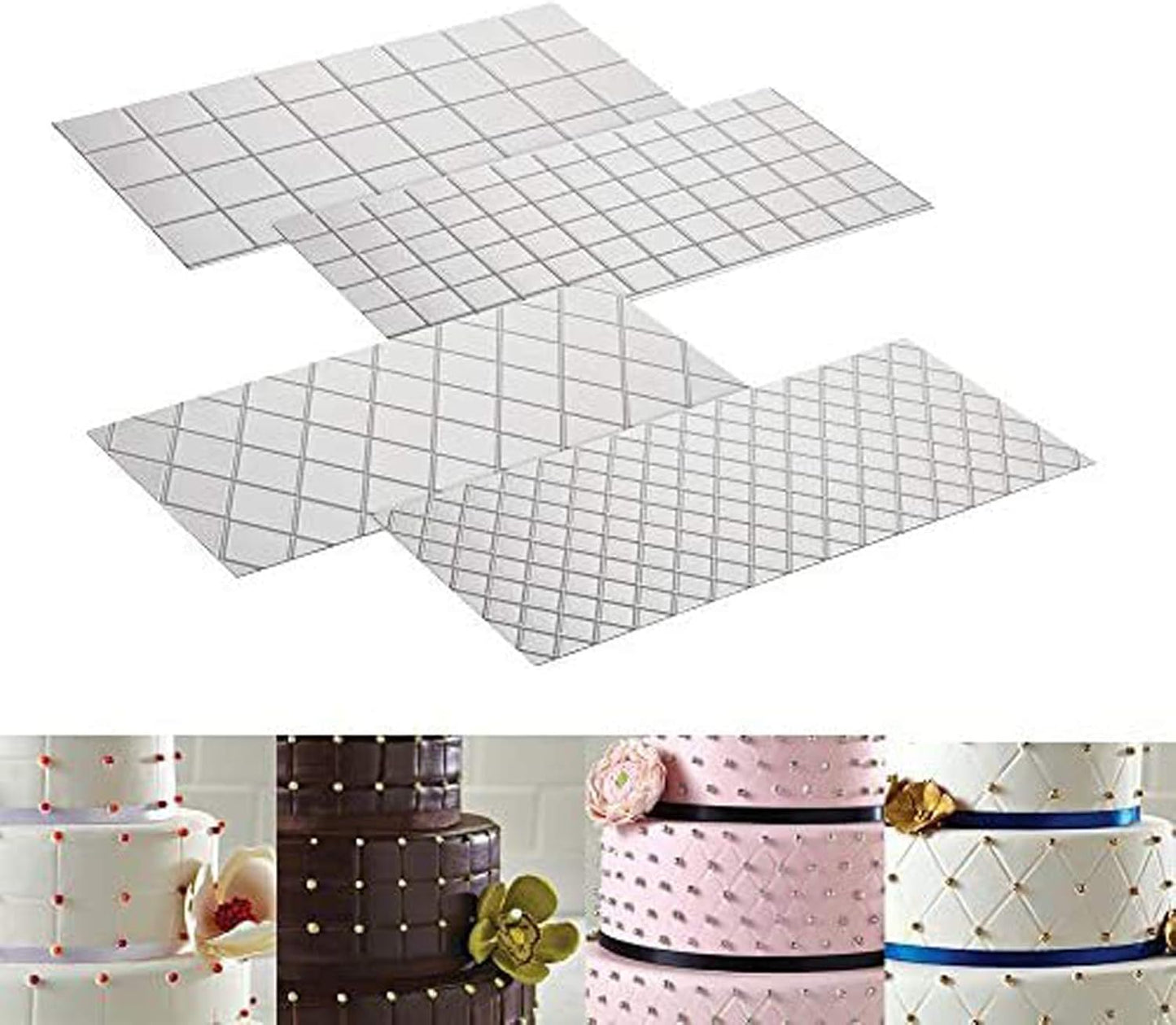 Cake Fondant Impression Mat Mold Diamond Quilted Grid Texture Embossed Lace Embossing Mat Cake Decorating Supplies for Cupcake Wedding Cake Decoration Tools(Set of 4）