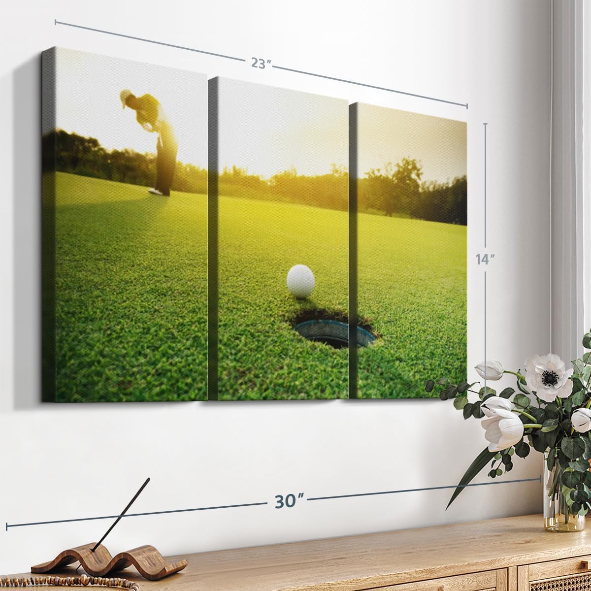 ElephantStock Golf Ball Strike Wall Art - Horizontal Canvas - 3-Piece Living Room Wall Decor - Photography Sports Canvas Print - Green and White Decor for Wall - 23" X 14"