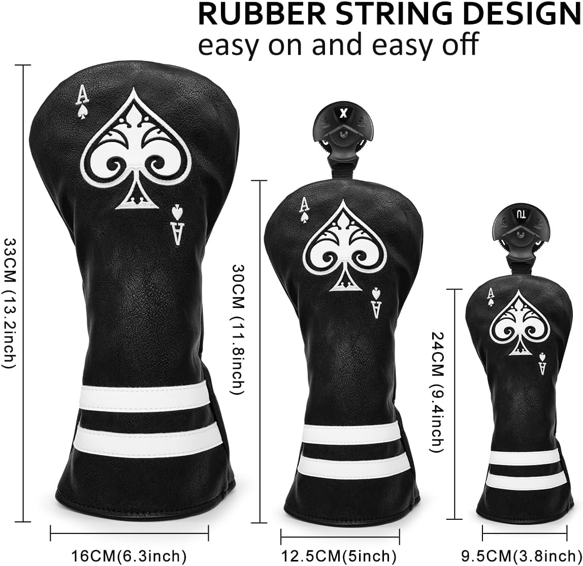 Black Golf Ace of Spade Golf Club Cover for Golf Clubs - Hybrid Headcover Golf Driver Headcover 3 Wood Head Cover (Rotatable 2 3 4 5 6 Ut Head Cover) Putter Headcover
