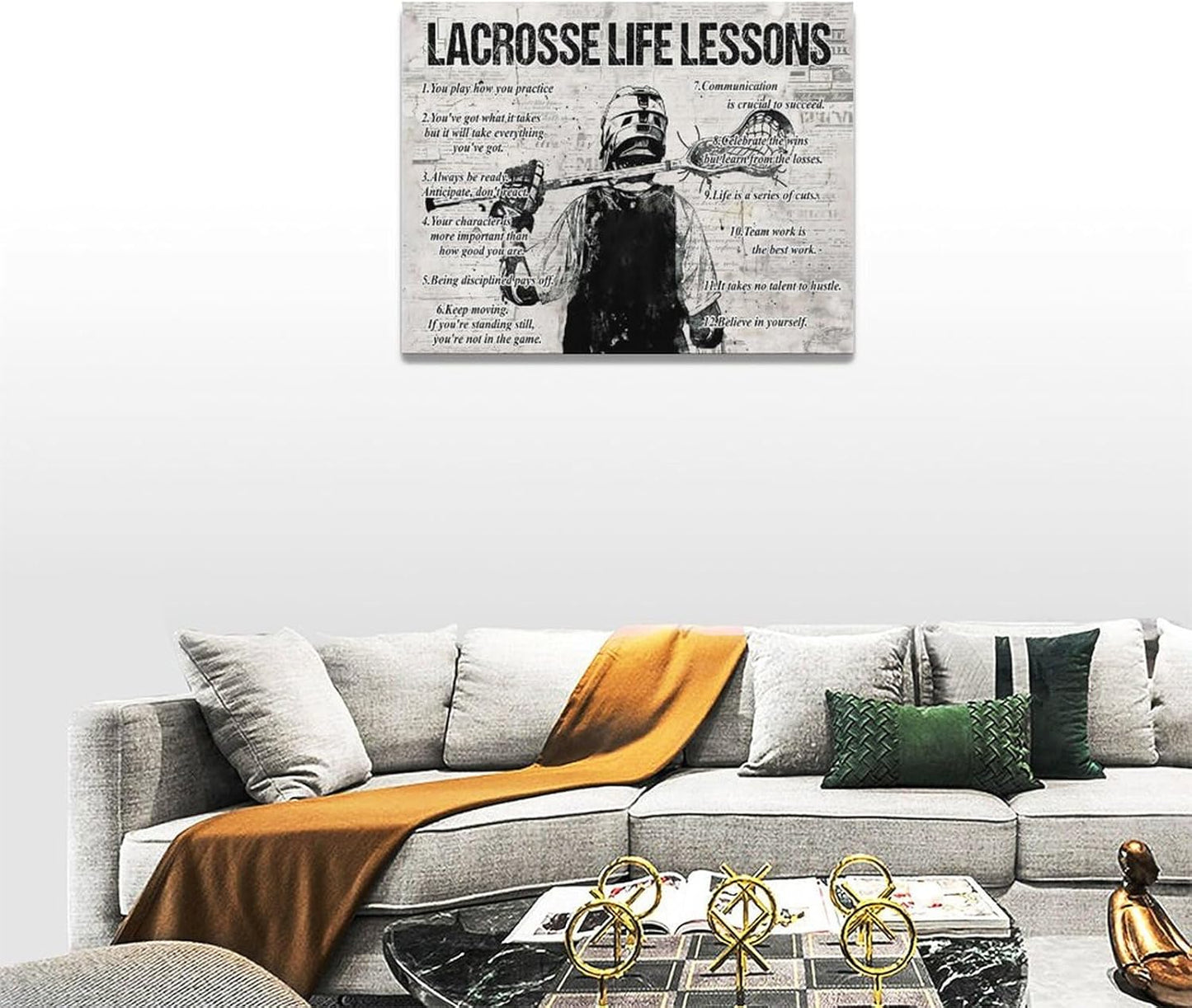 Lacrosse Sports Wall Art Life Lessons Sign Retro Poster for Boy Men Room Motivational Decorations Canvas Print Painting Artwork for Bedroom Bathroom Living Room 16"x12"