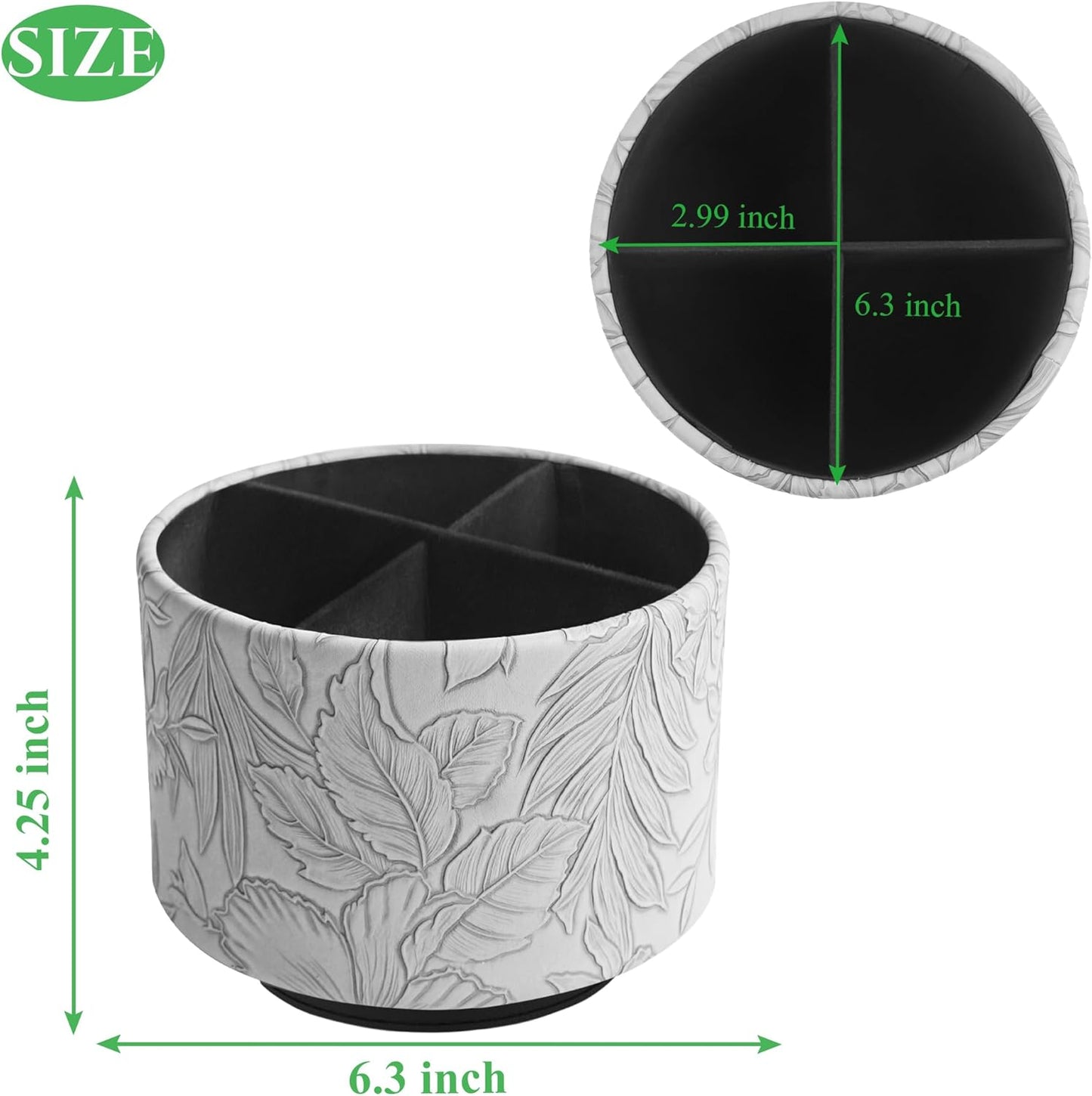 Hennaja Round Leather Art Supply Organizer,Remote Control Holder,360 Degree Spinning,Multi-Functional Pencil Holder,4 Compartments Desktop Stationary Organizer(1-Carved Grey)