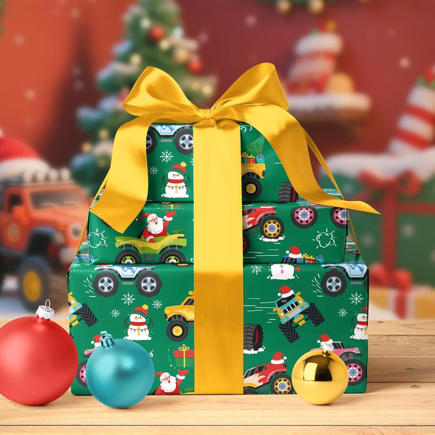 LaRibbons Monster Truck Christmas Wrapping Paper Mini Roll, Monster Truck, Santa and Christmas Trees Design, Fun Holiday Gift Wrap for Kids, Boys, Baby, 17" x 33'(46.7 sq. ft)