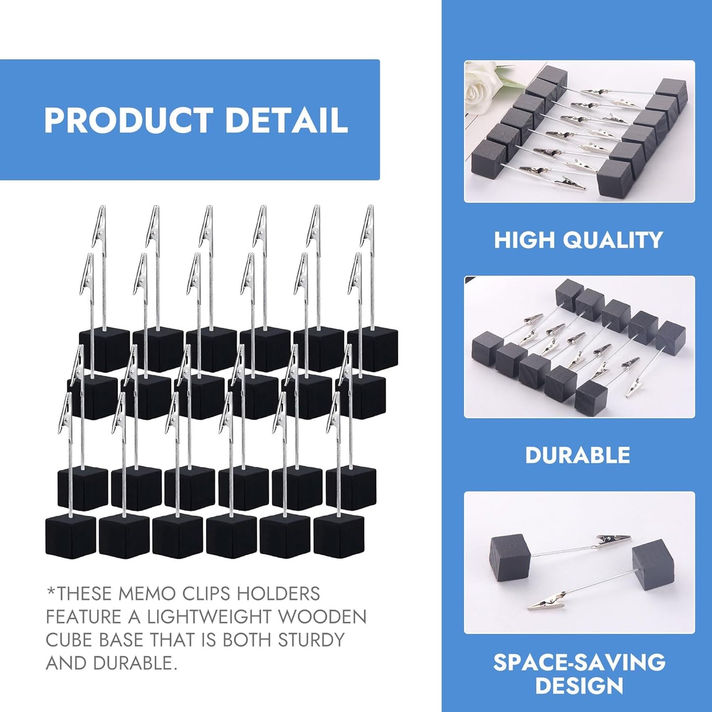 24PCS Wooden Cube Memo Holders with Alligator Clips Table Number Stands, Mini Photo and Card Display Clips for Wedding, Event, Office Desk Use (Black)