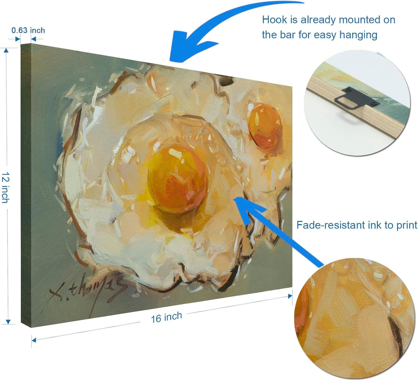 JZLDZS Sunny Side Up Egg Wall Art - 12x16 Inch Gallery Wrapped Food Canvas Painting for Kitchen & Dining Room Decor Ready to Hang