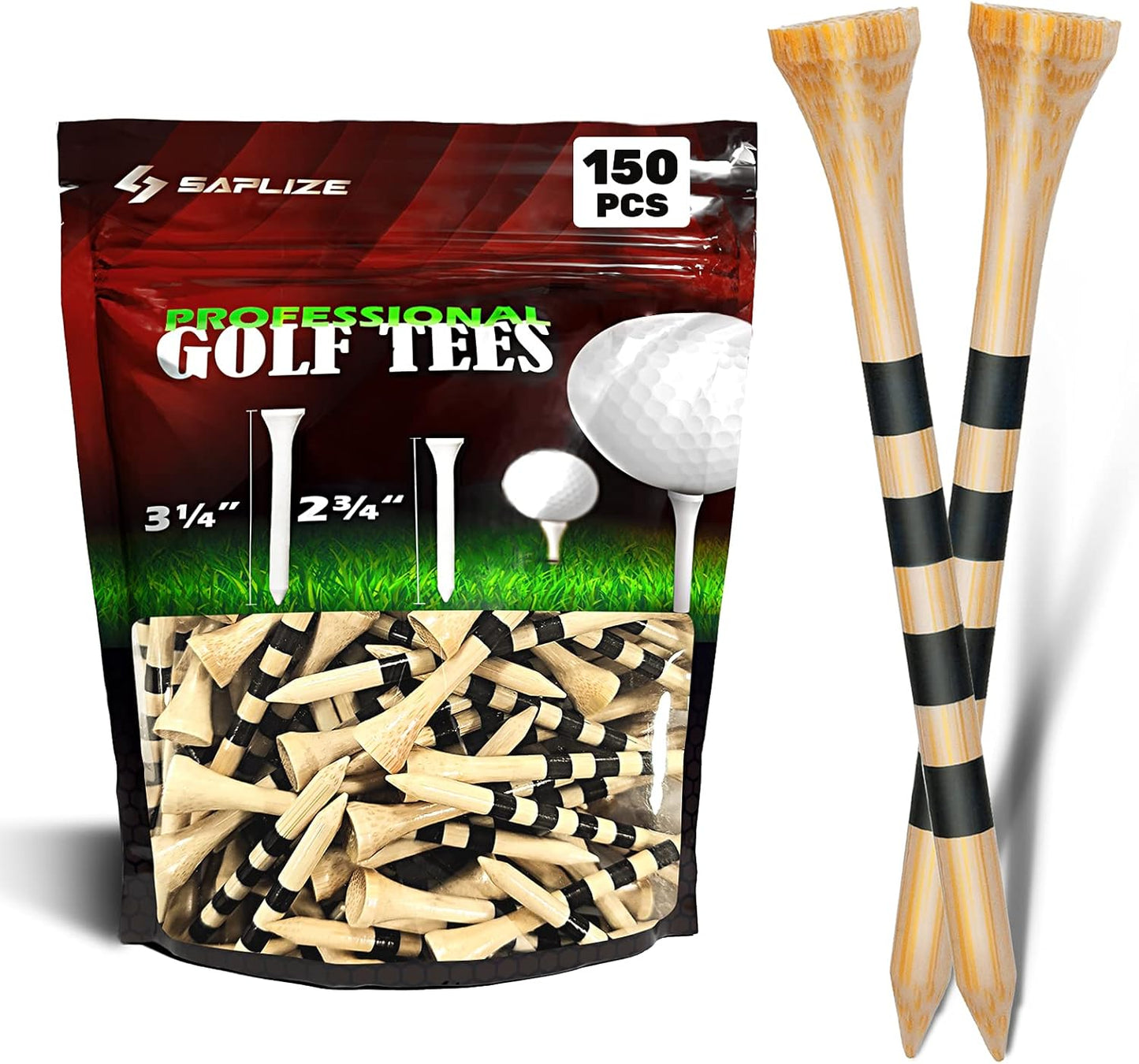 SAPLIZE Bamboo Golf Tees Pack of 100 or 150, Four Size Options (3-1/4", 2-3/4", 2-1/8", 1-1/2"), Stable and Reliable Golf Tees, Available in Natural Color