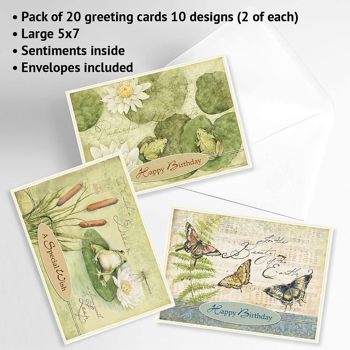 Current Nature's Sanctuary Happy Birthday Greeting Card Set - Value Pack of 20 Cards With White Envelopes, 10 Designs, Large 5" x 7" Assortment
